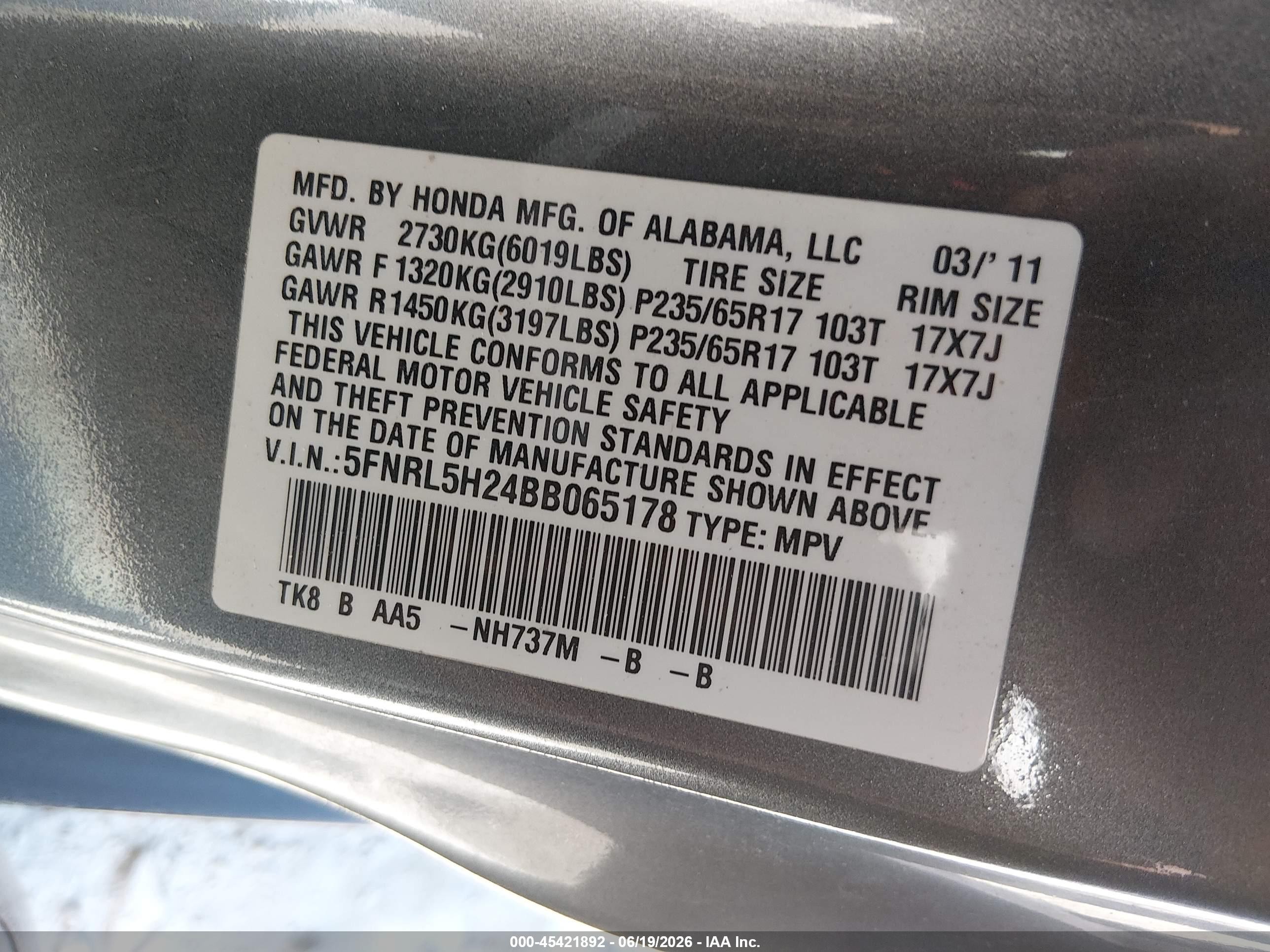 2011 Honda Odyssey Lx Gray vin: 5FNRL5H24BB065178