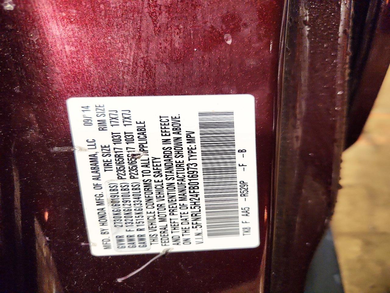 2015 Honda Odyssey Lx Maroon vin: 5FNRL5H24FB016973