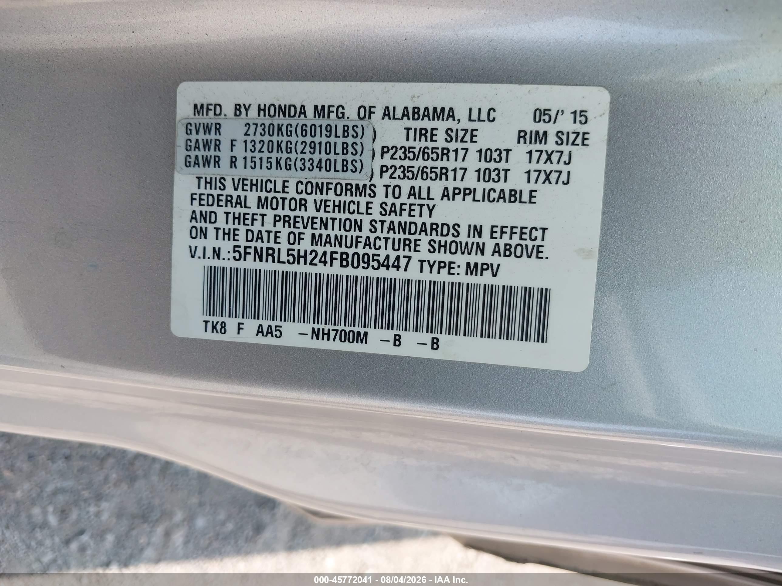 2015 Honda Odyssey Lx Silver vin: 5FNRL5H24FB095447