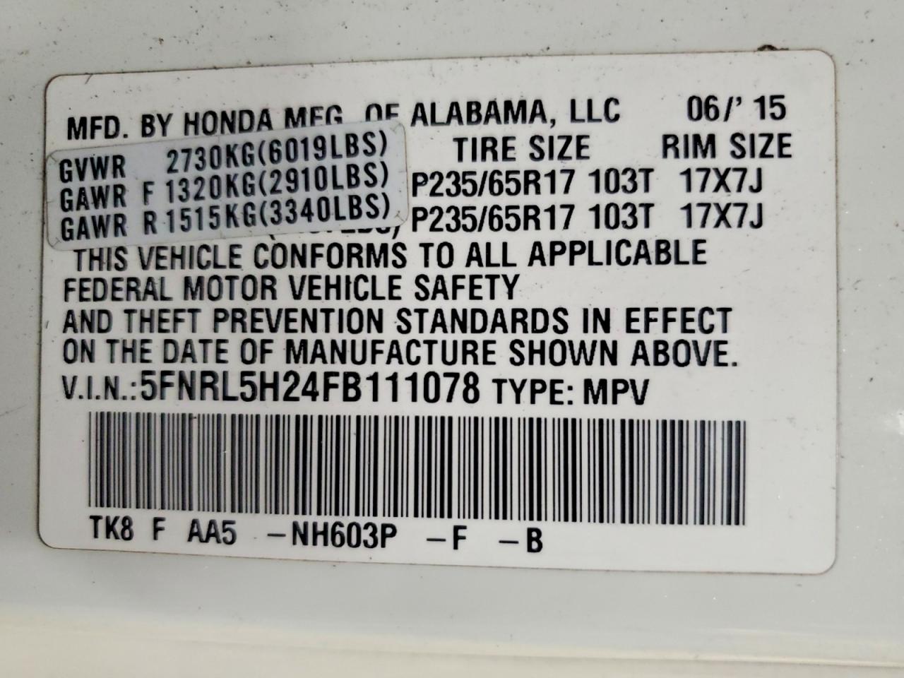 2015 Honda Odyssey Lx White vin: 5FNRL5H24FB111078