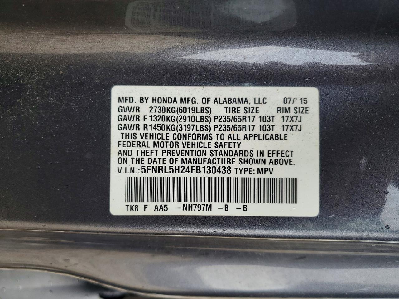2015 Honda Odyssey Lx Gray vin: 5FNRL5H24FB130438