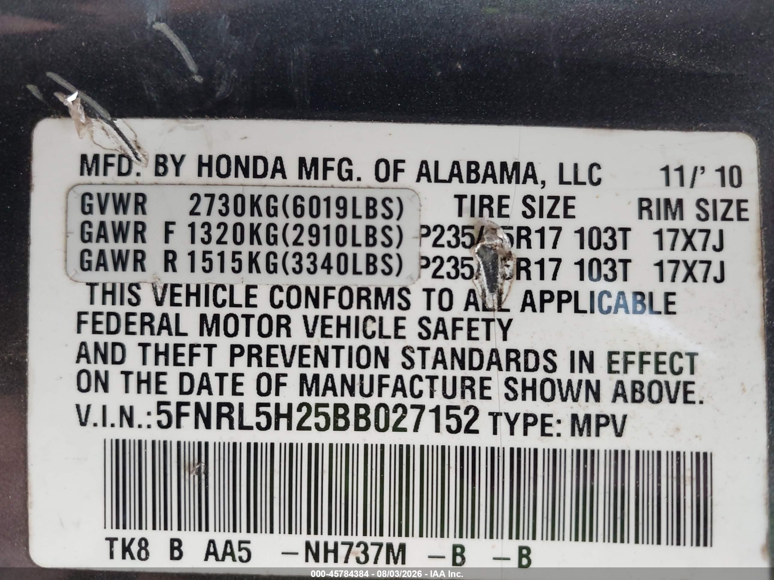 2011 Honda Odyssey Lx Gray vin: 5FNRL5H25BB027152