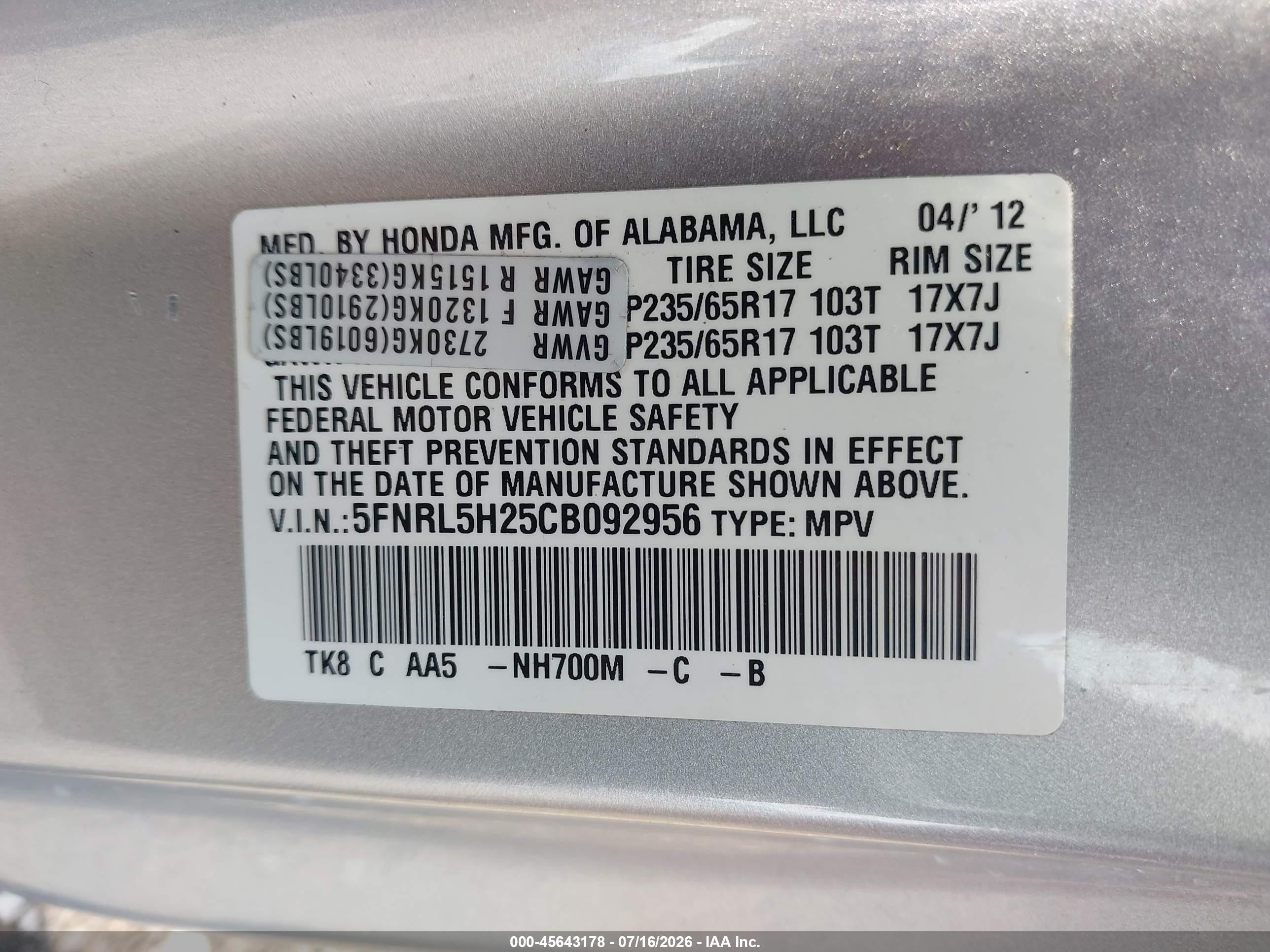 2012 Honda Odyssey Lx Серебряный vin: 5FNRL5H25CB092956