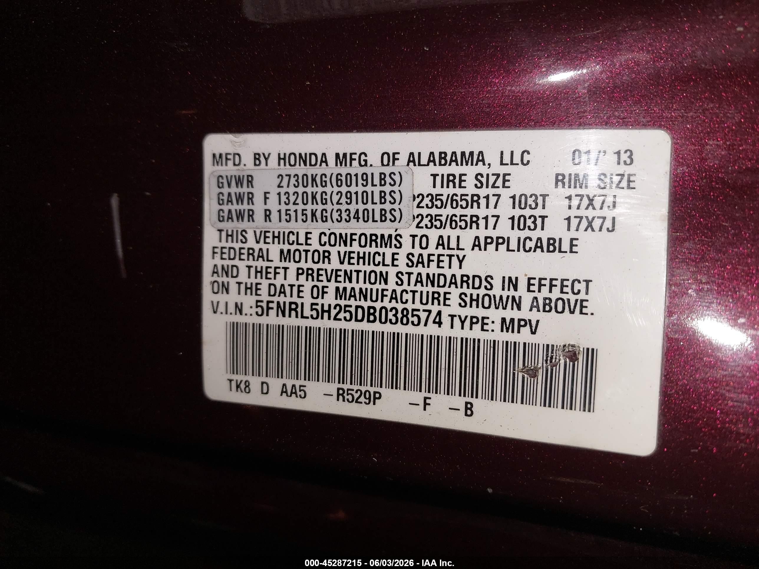 2013 Honda Odyssey Lx Maroon vin: 5FNRL5H25DB038574