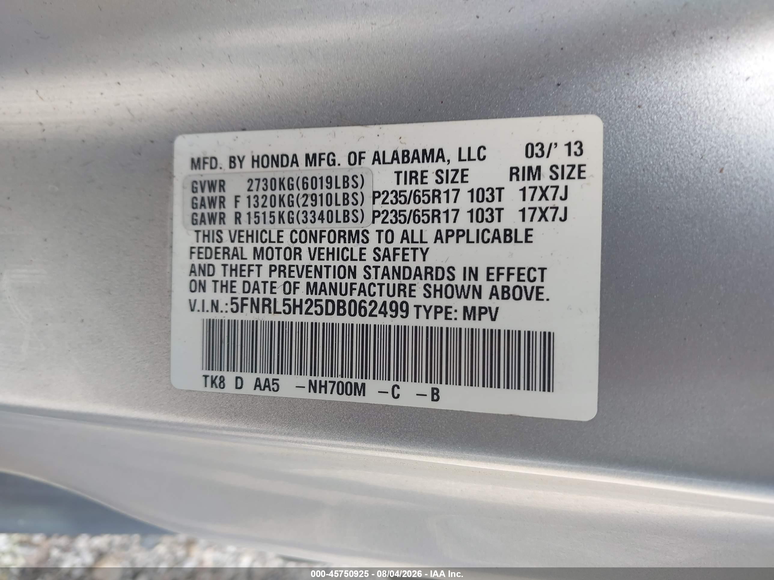 2013 Honda Odyssey Lx Silver vin: 5FNRL5H25DB062499