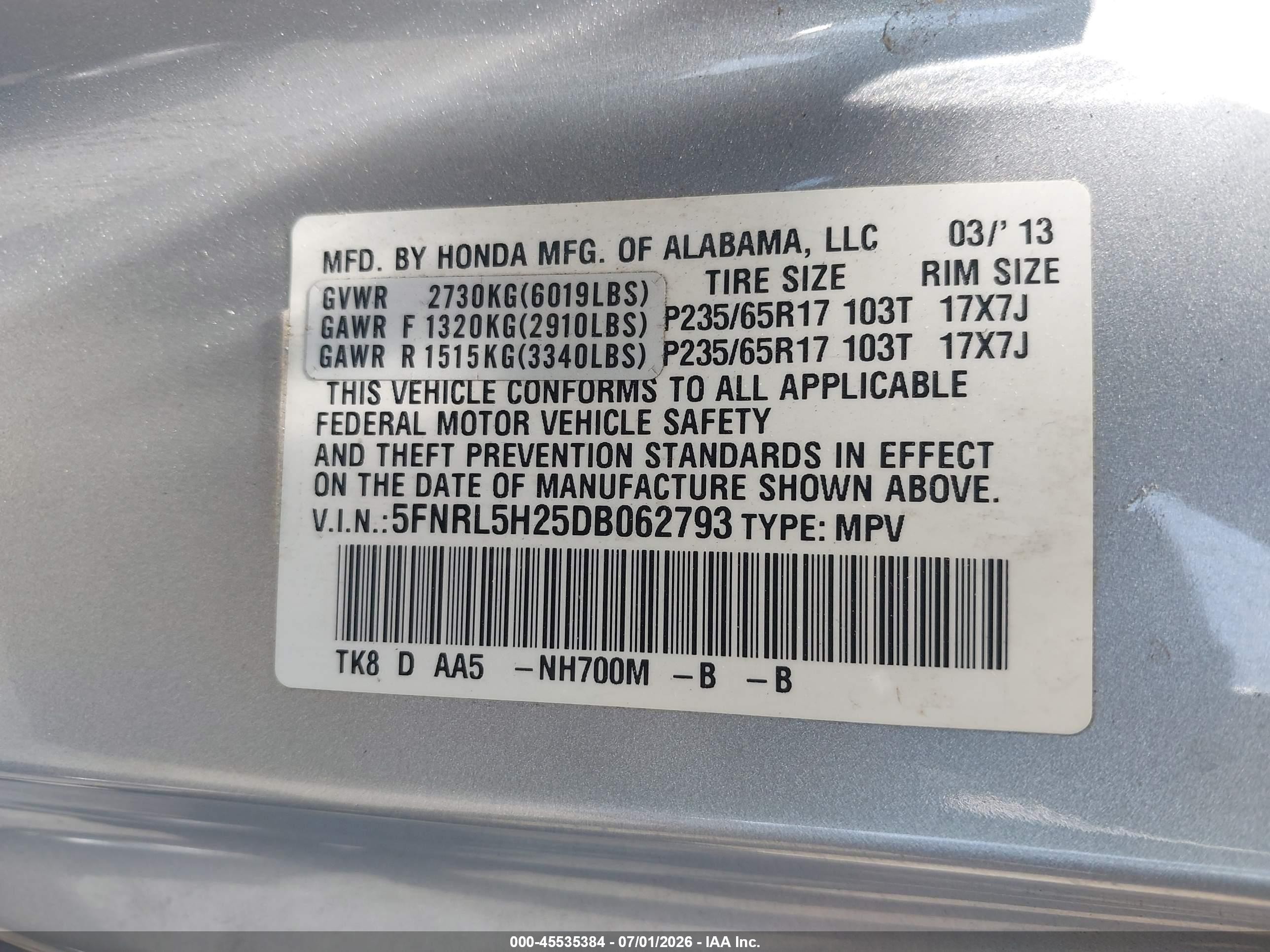 2013 Honda Odyssey Lx Silver vin: 5FNRL5H25DB062793