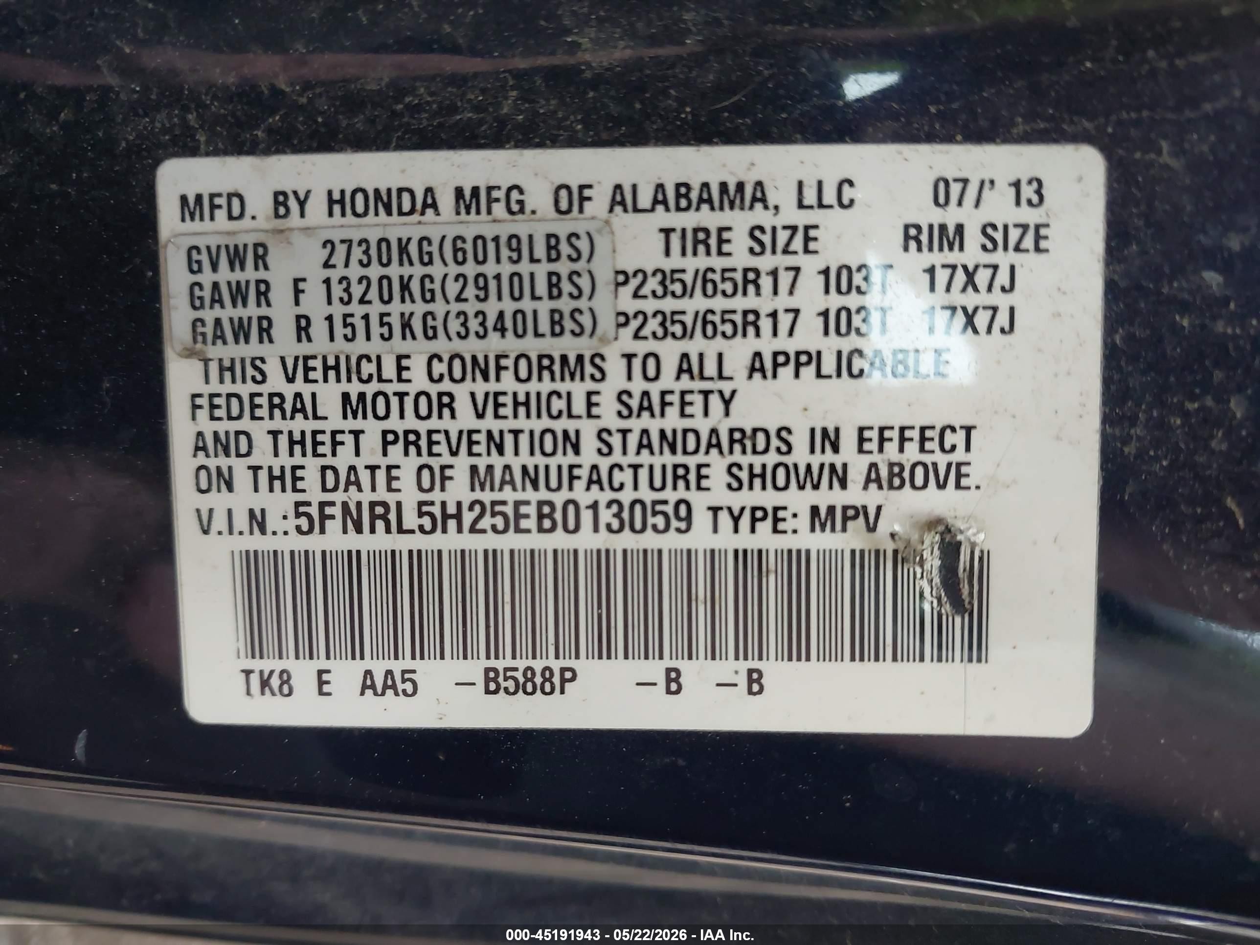 2014 Honda Odyssey Lx Blue vin: 5FNRL5H25EB013059