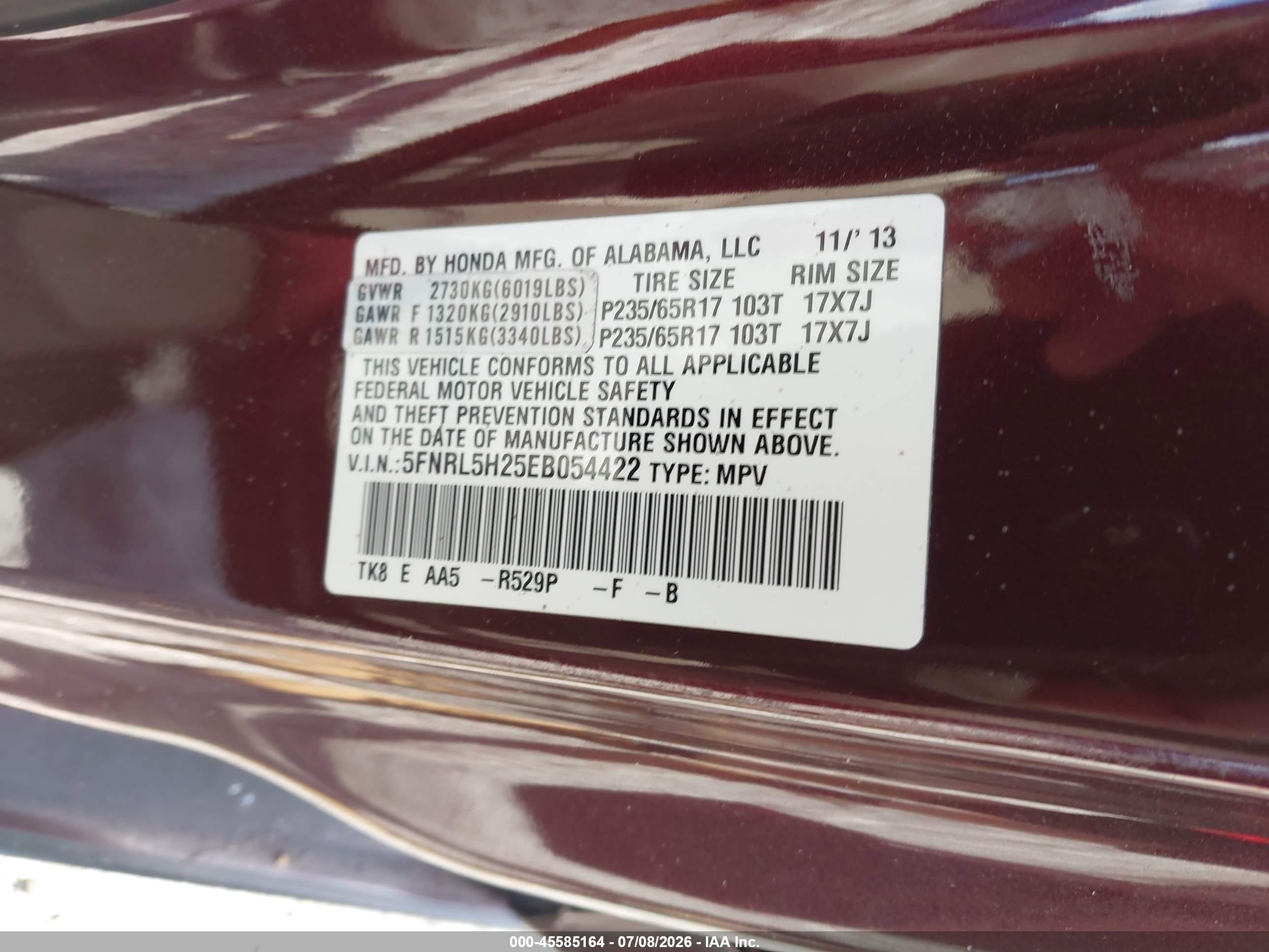 2014 Honda Odyssey Lx Maroon vin: 5FNRL5H25EB054422