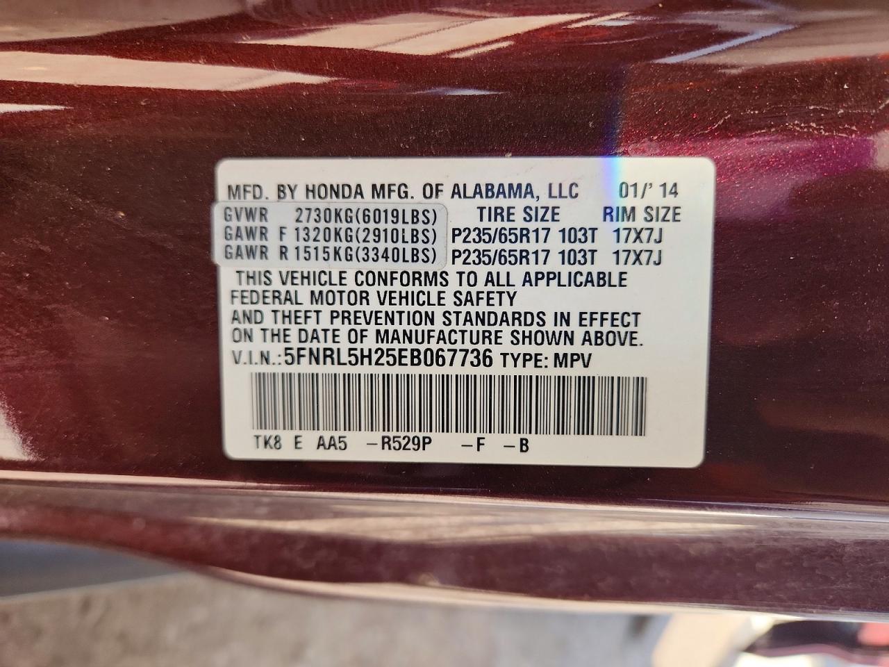 2014 Honda Odyssey Lx Burgundy vin: 5FNRL5H25EB067736