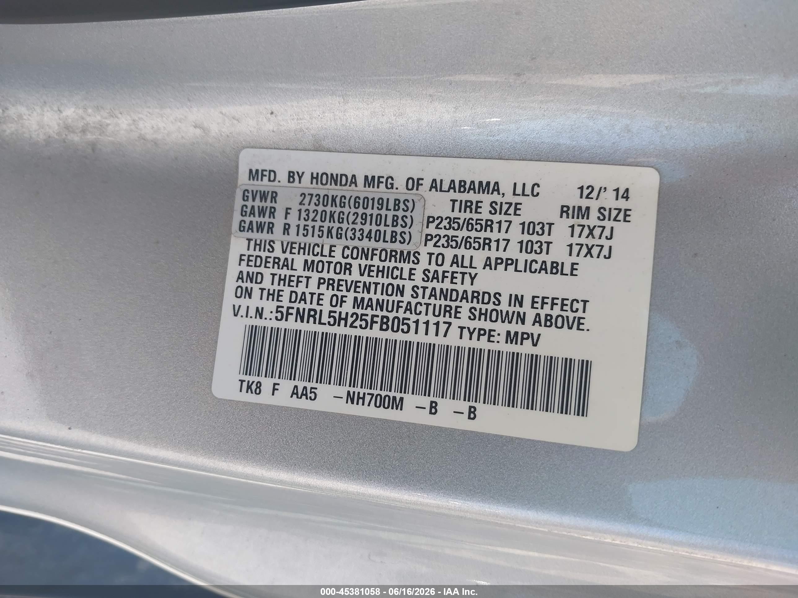 2015 Honda Odyssey Lx Silver vin: 5FNRL5H25FB051117