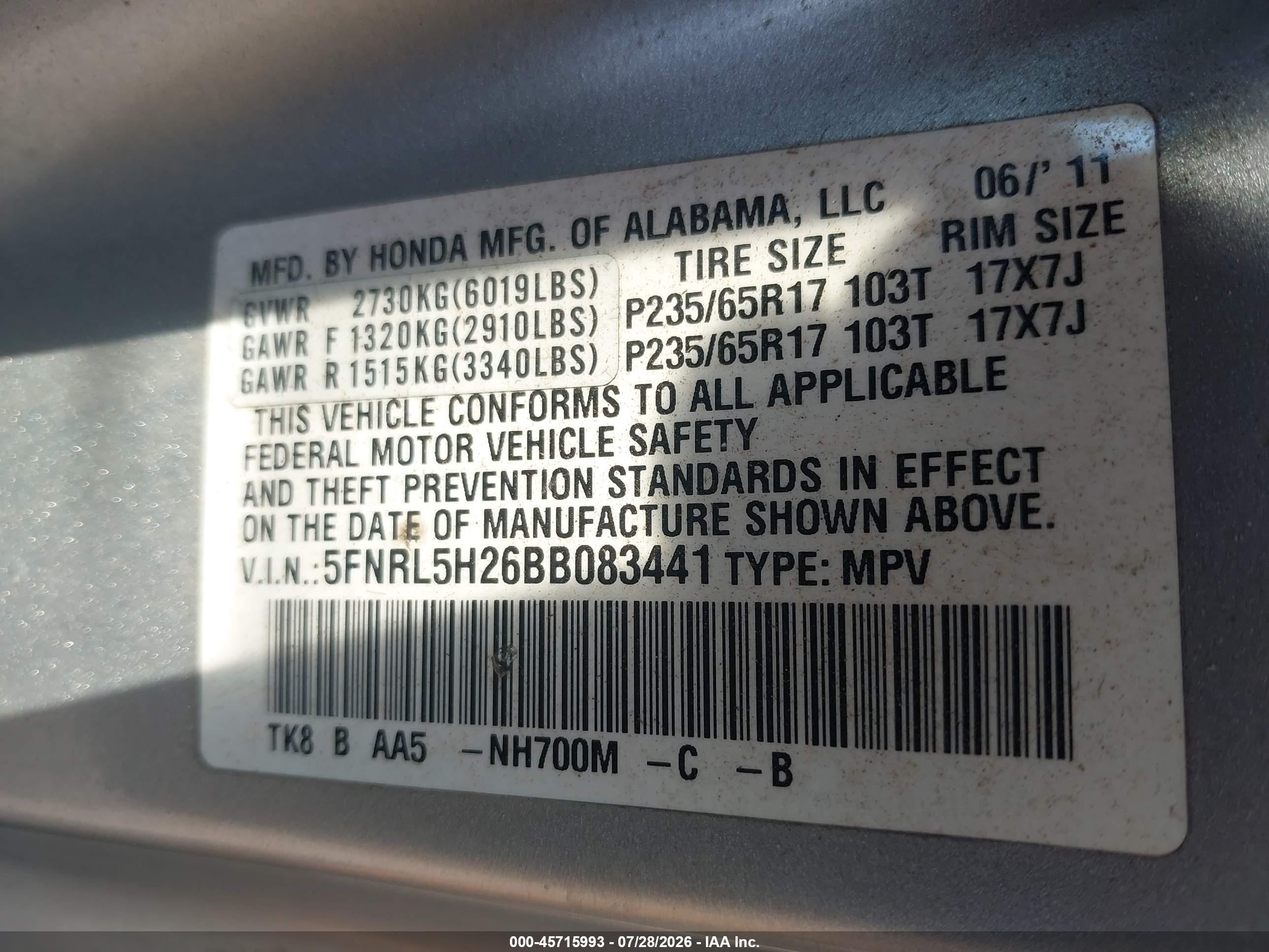 2011 Honda Odyssey Lx Silver vin: 5FNRL5H26BB083441