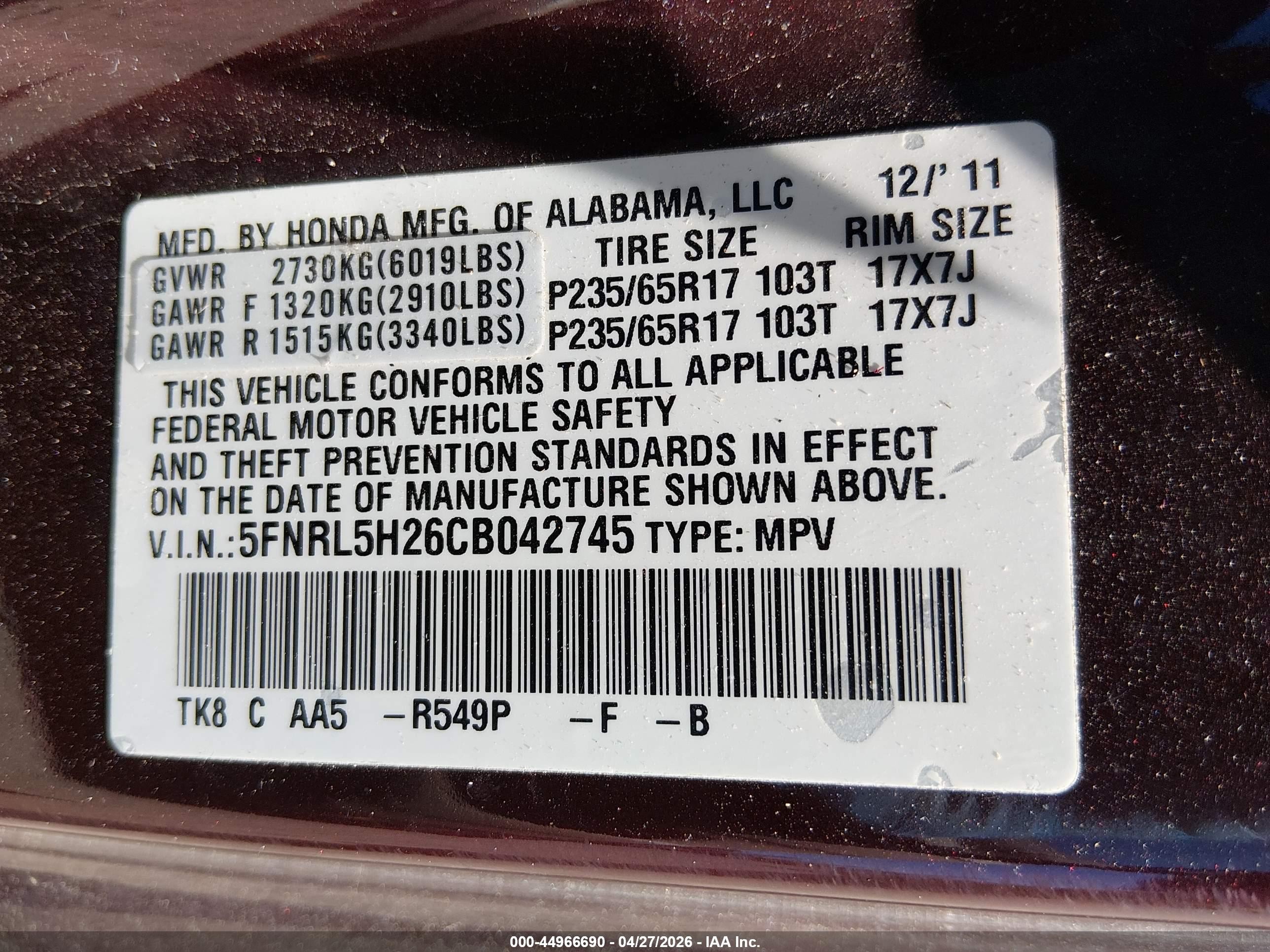 2012 Honda Odyssey Lx Maroon vin: 5FNRL5H26CB042745
