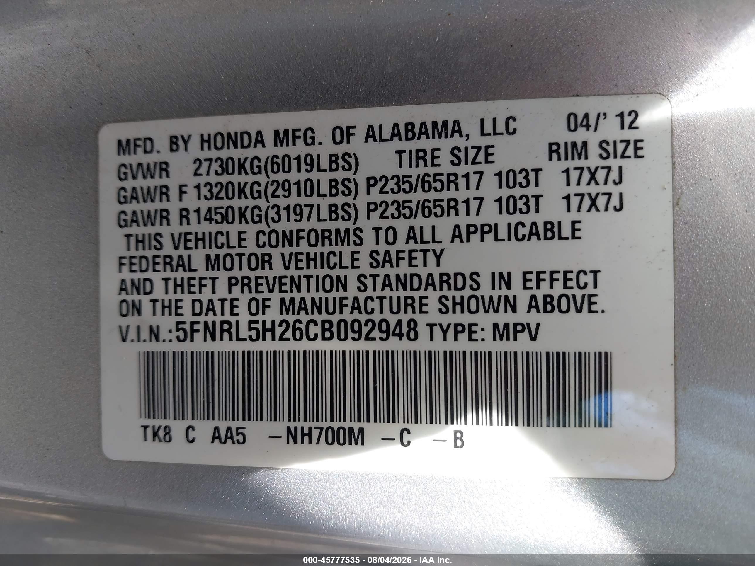 2012 Honda Odyssey Lx Silver vin: 5FNRL5H26CB092948