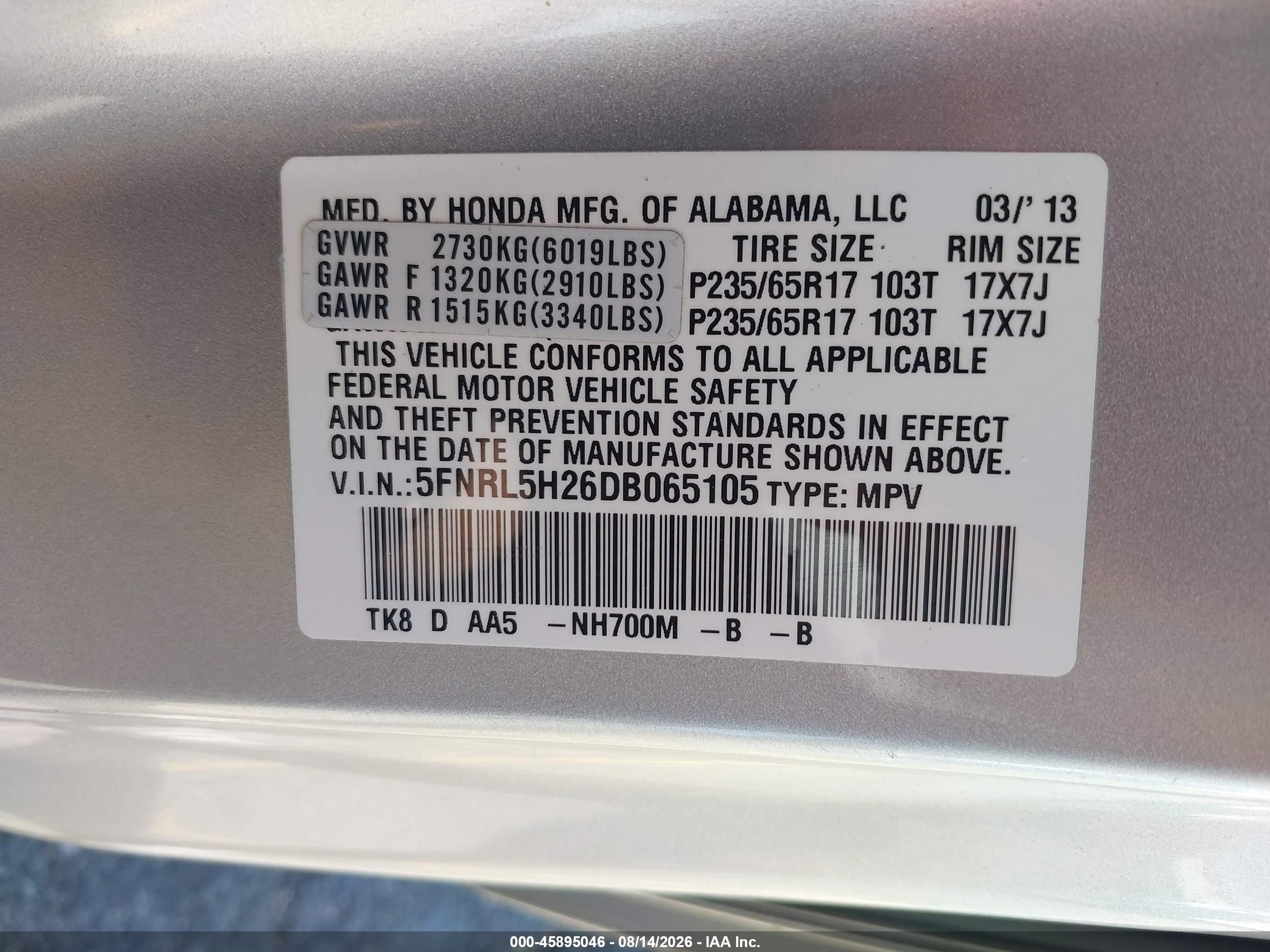 2013 Honda Odyssey Lx Silver vin: 5FNRL5H26DB065105