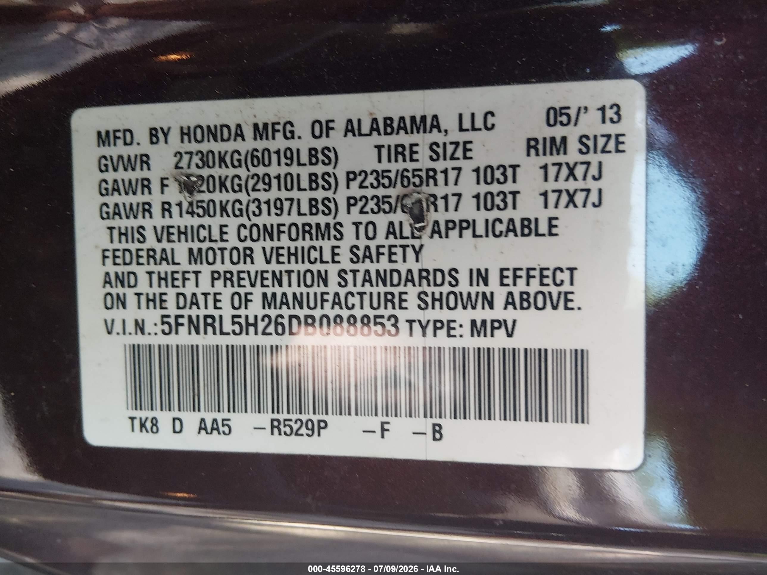 2013 Honda Odyssey Lx Темно-бордовый vin: 5FNRL5H26DB088853