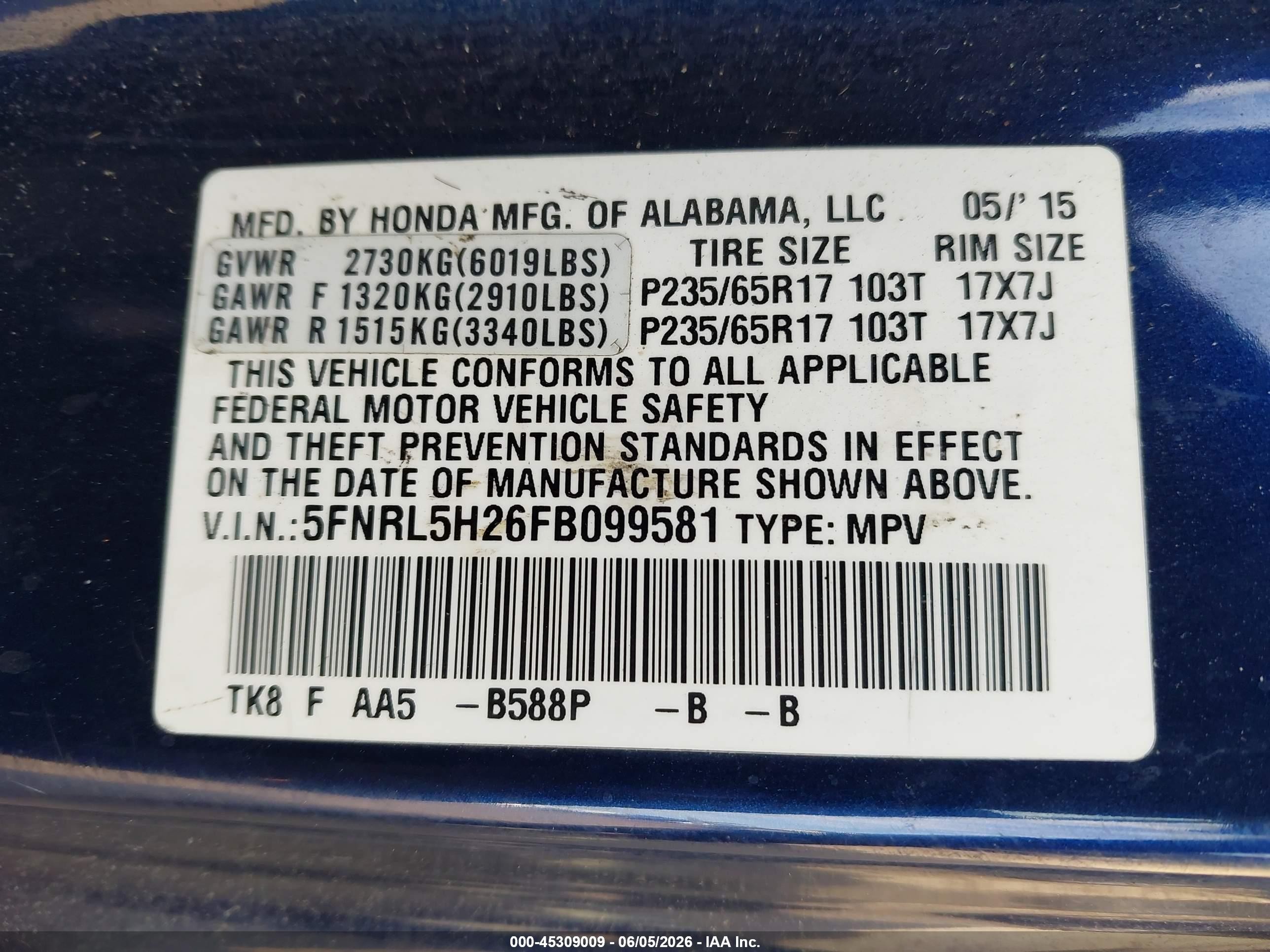 2015 Honda Odyssey Lx Blue vin: 5FNRL5H26FB099581