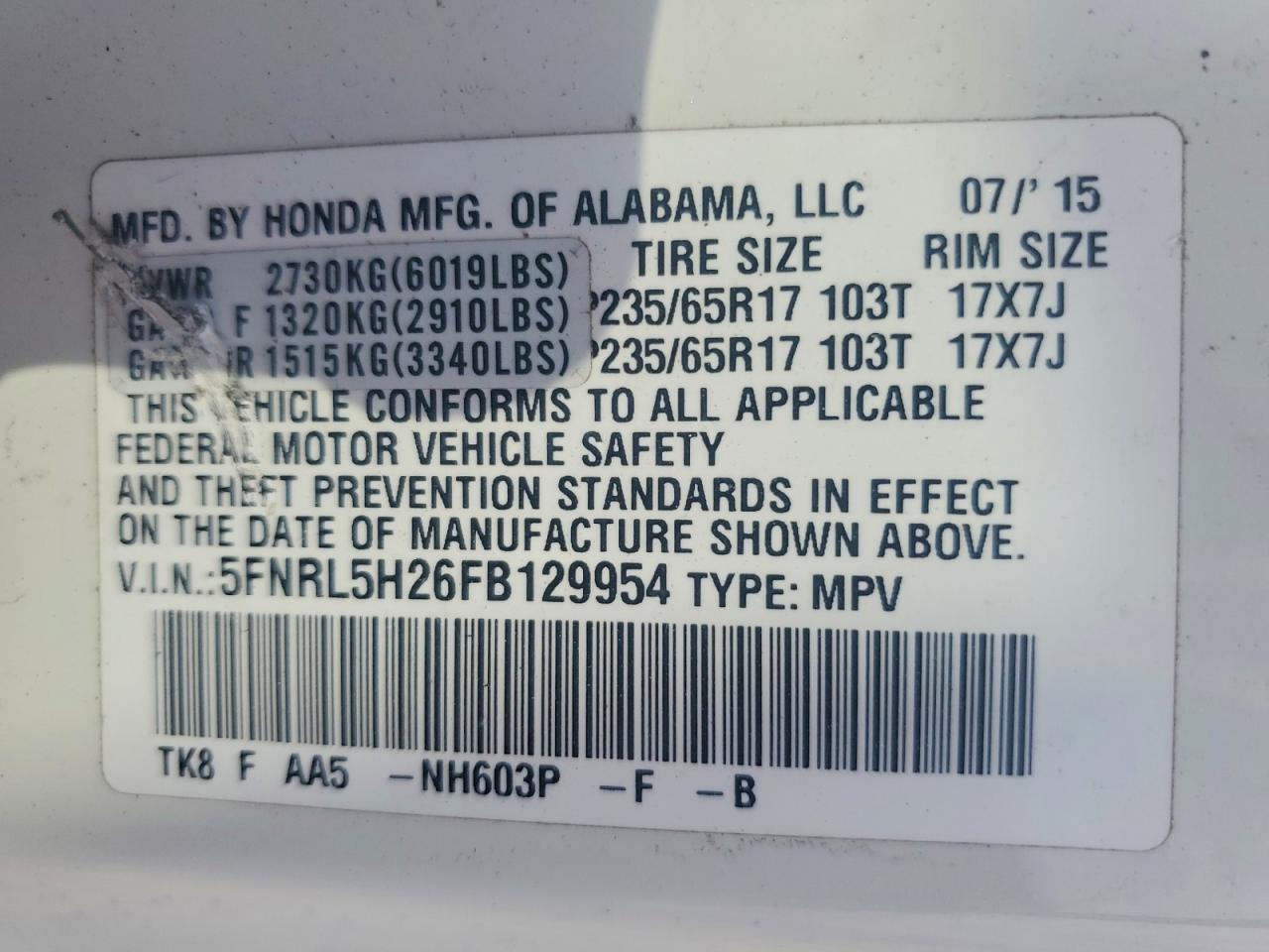 2015 Honda Odyssey Lx White vin: 5FNRL5H26FB129954