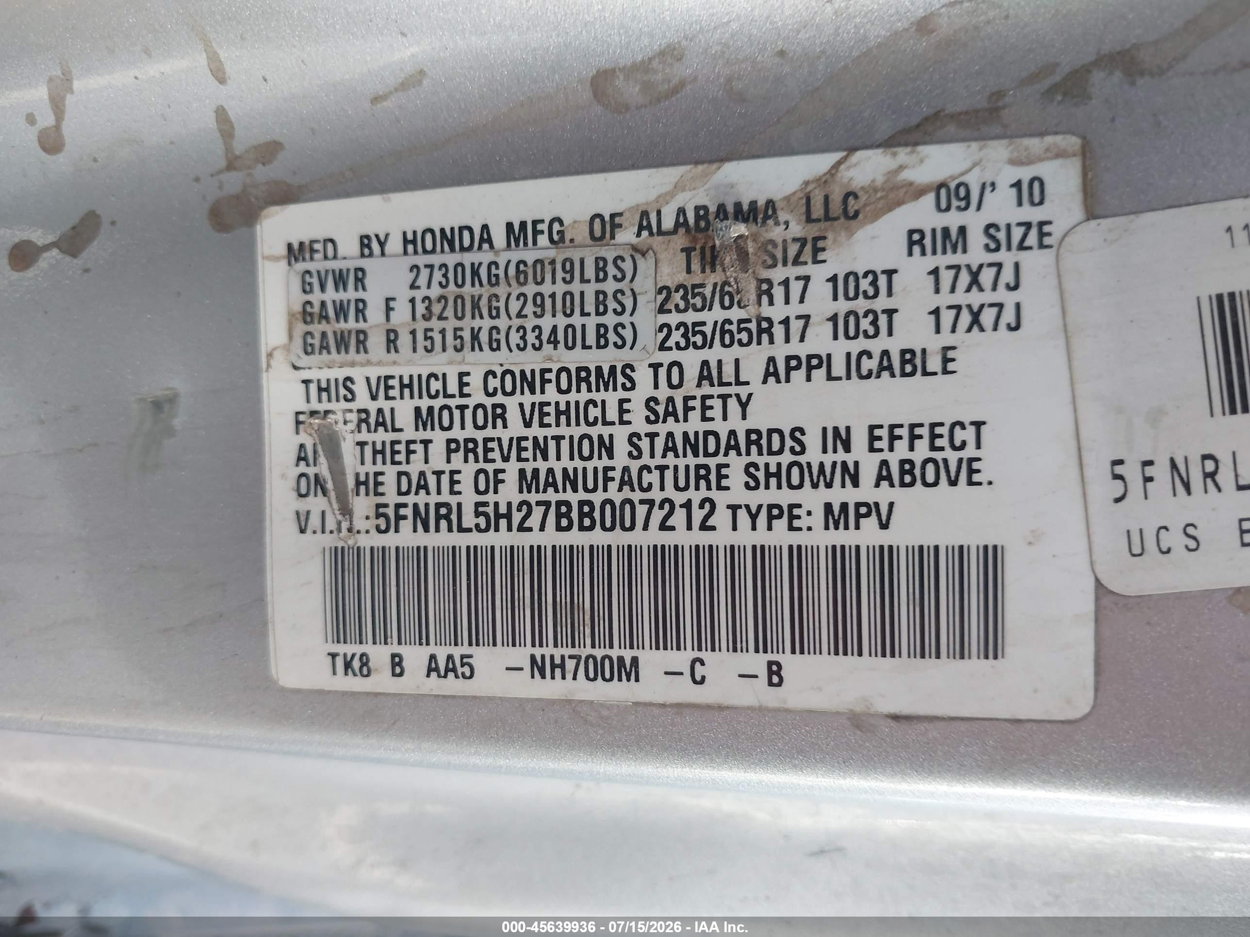 2011 Honda Odyssey Lx Silver vin: 5FNRL5H27BB007212