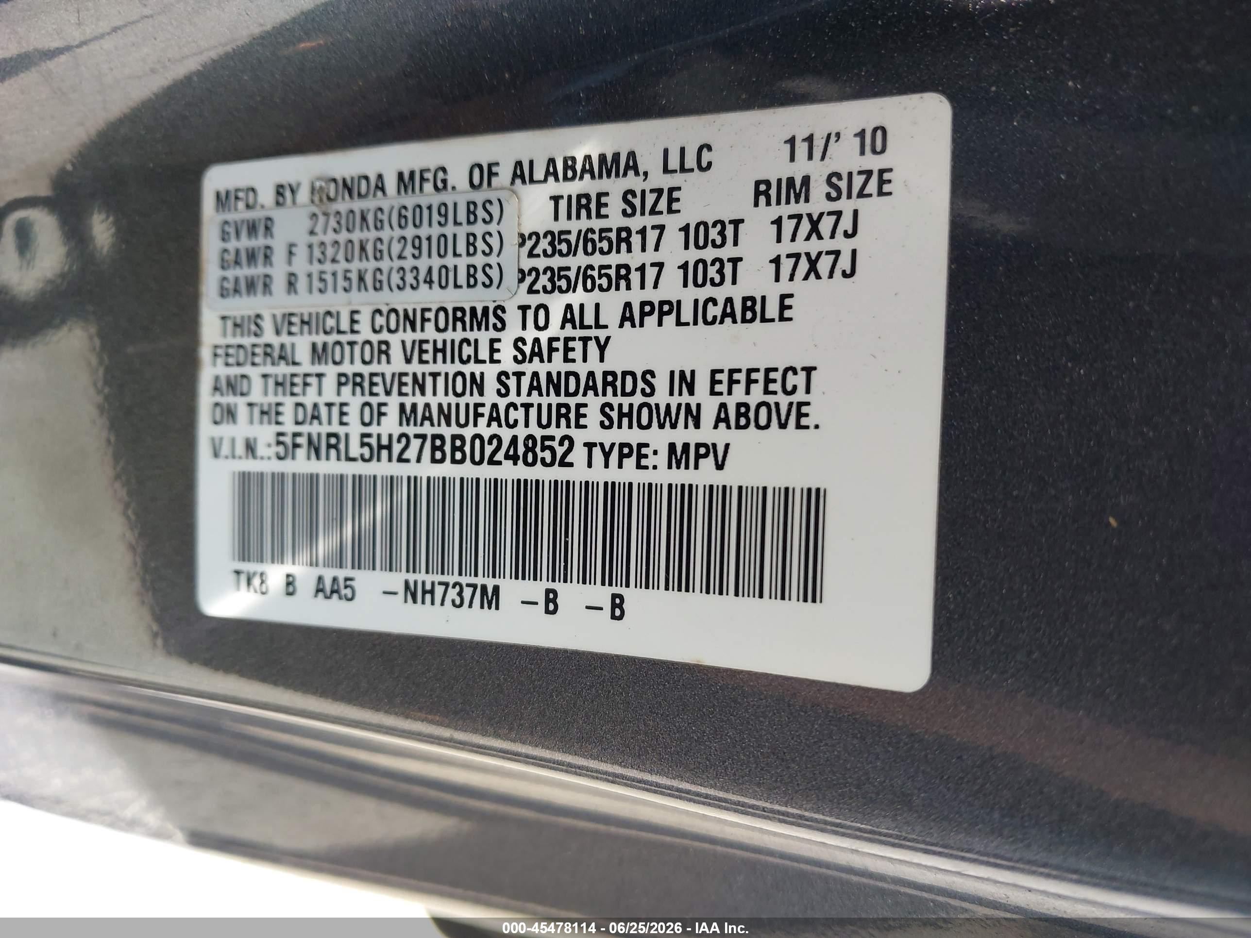 2011 Honda Odyssey Lx Gray vin: 5FNRL5H27BB024852