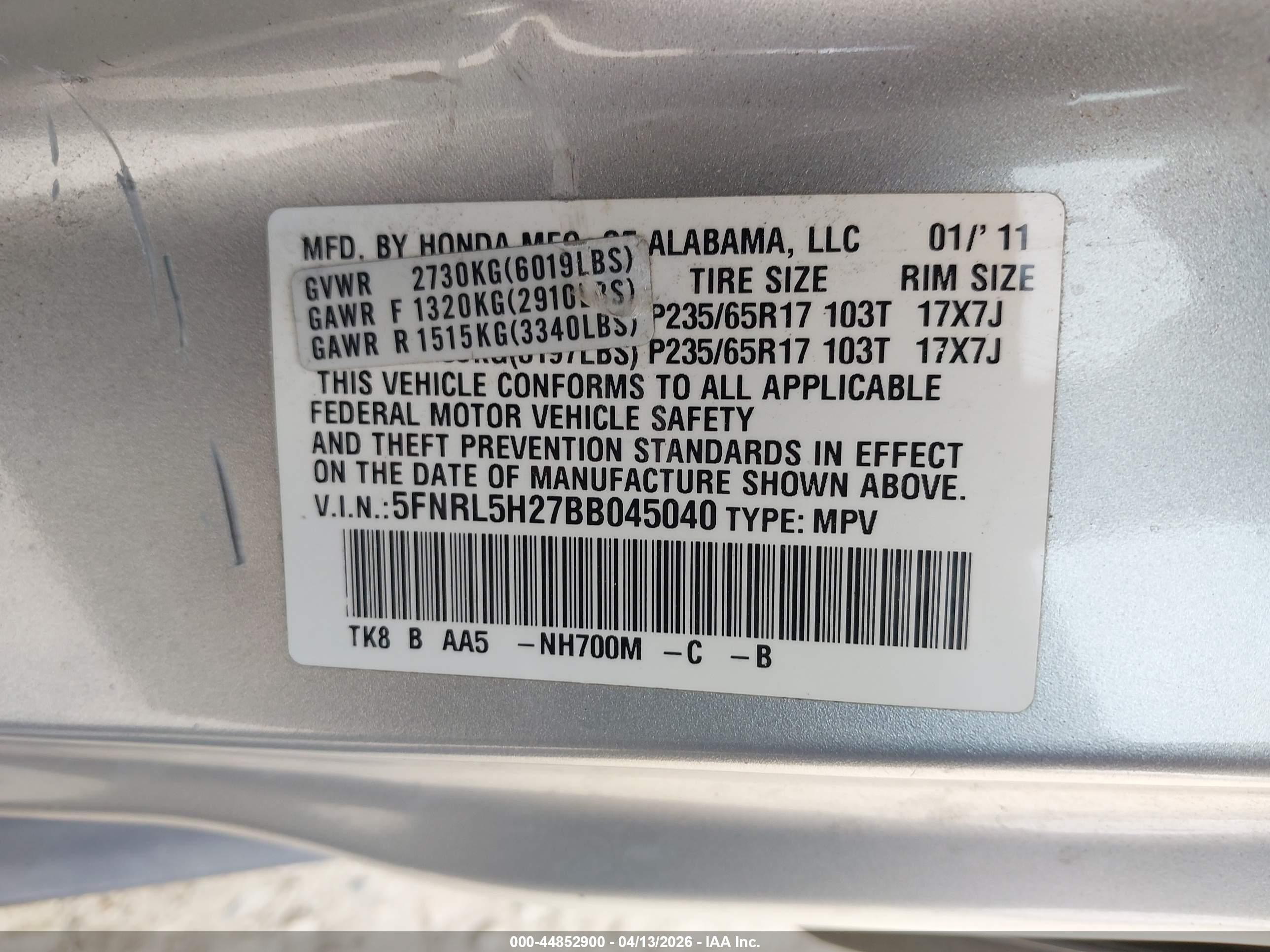 2011 Honda Odyssey Lx Серебряный vin: 5FNRL5H27BB045040