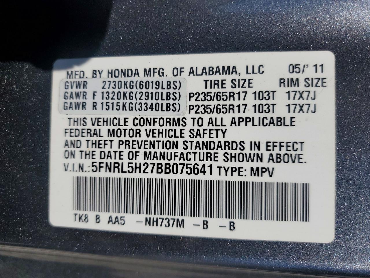 2011 Honda Odyssey Lx Gray vin: 5FNRL5H27BB075641