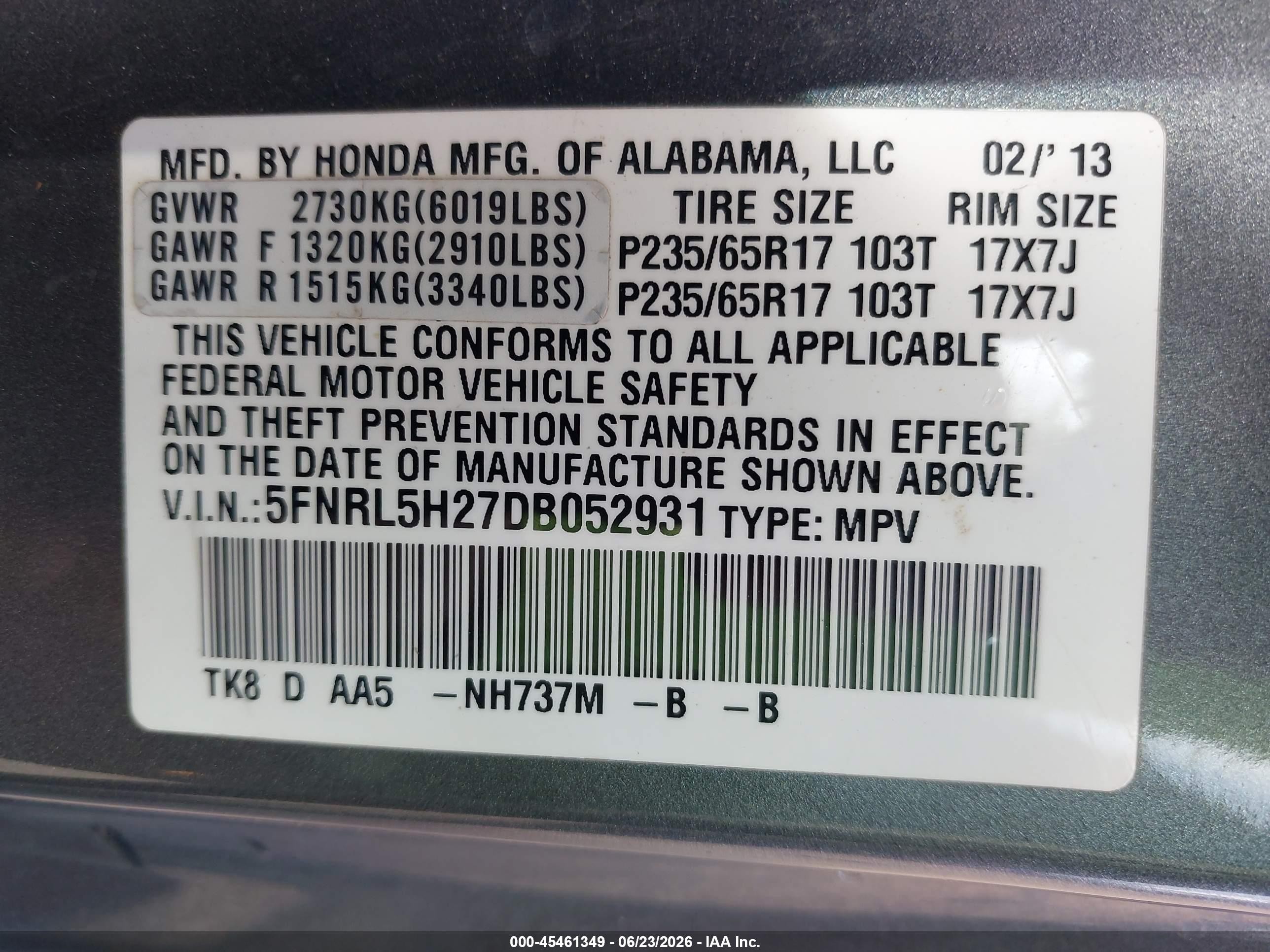 2013 Honda Odyssey Lx Gray vin: 5FNRL5H27DB052931