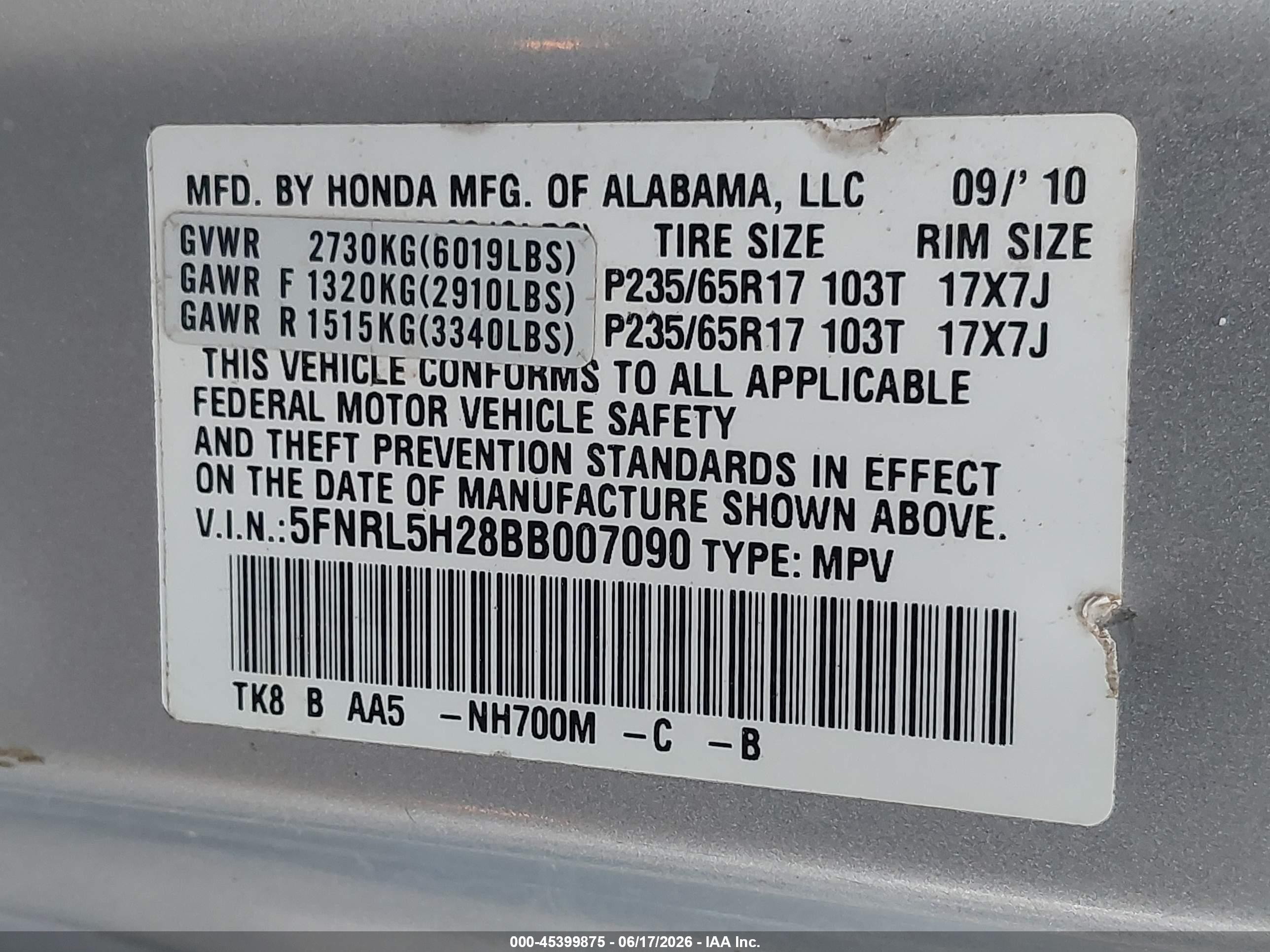 2011 Honda Odyssey Lx Silver vin: 5FNRL5H28BB007090