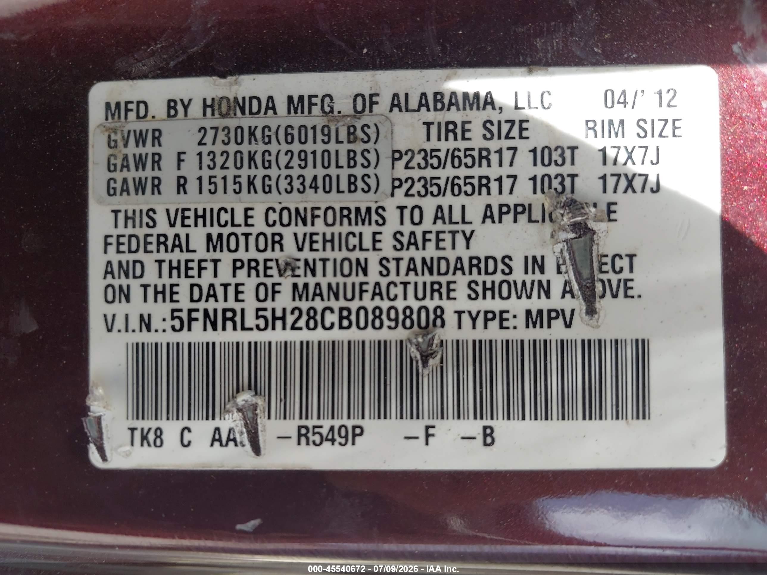 2012 Honda Odyssey Lx Бордовый vin: 5FNRL5H28CB089808