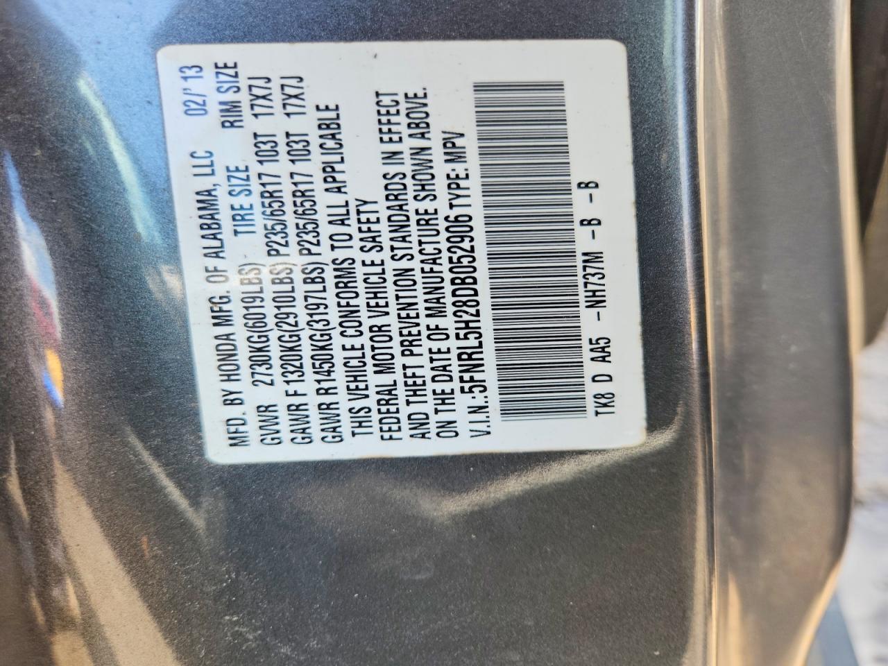2013 Honda Odyssey Lx Gray vin: 5FNRL5H28DB052906