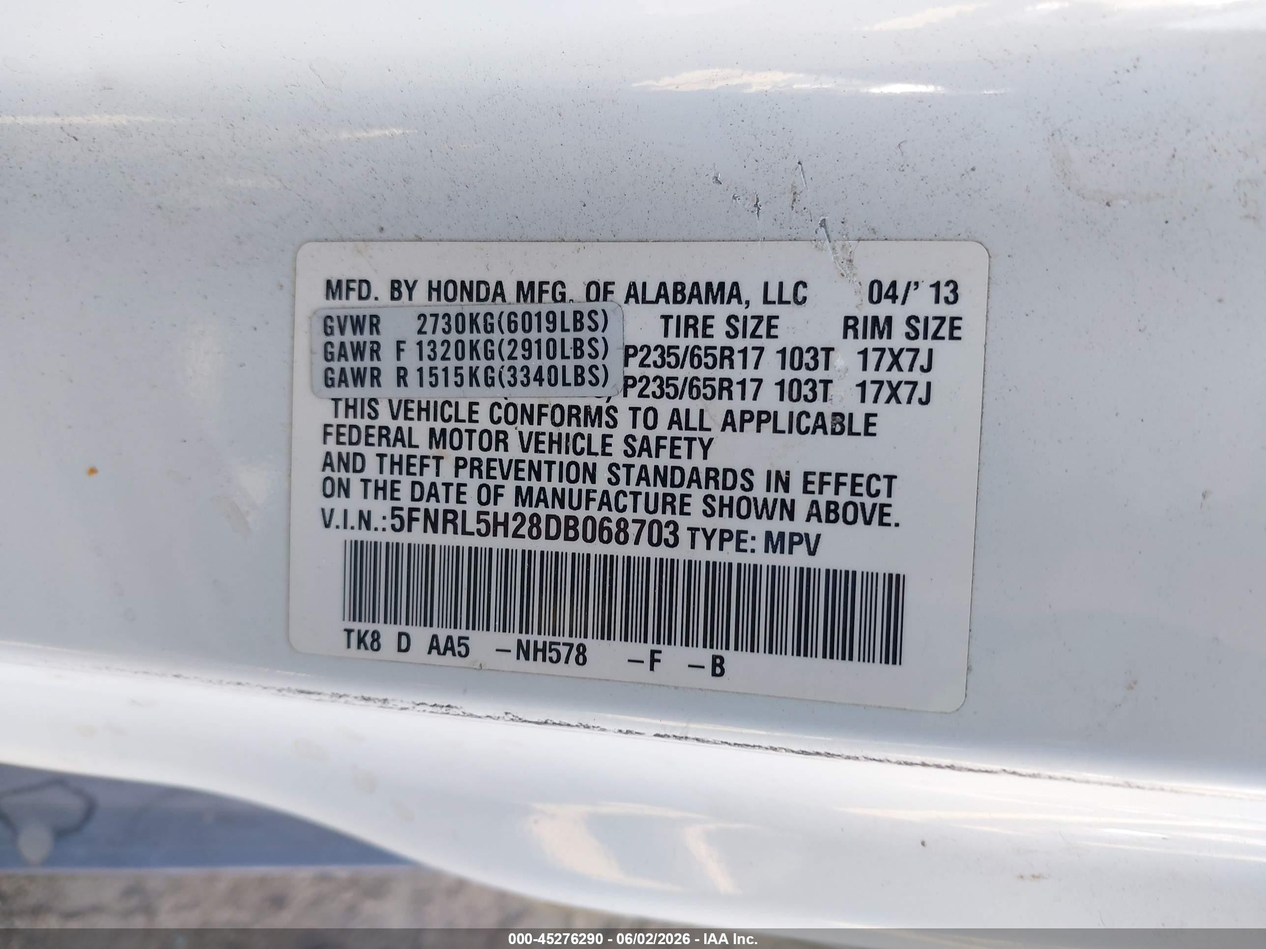 2013 Honda Odyssey Lx White vin: 5FNRL5H28DB068703
