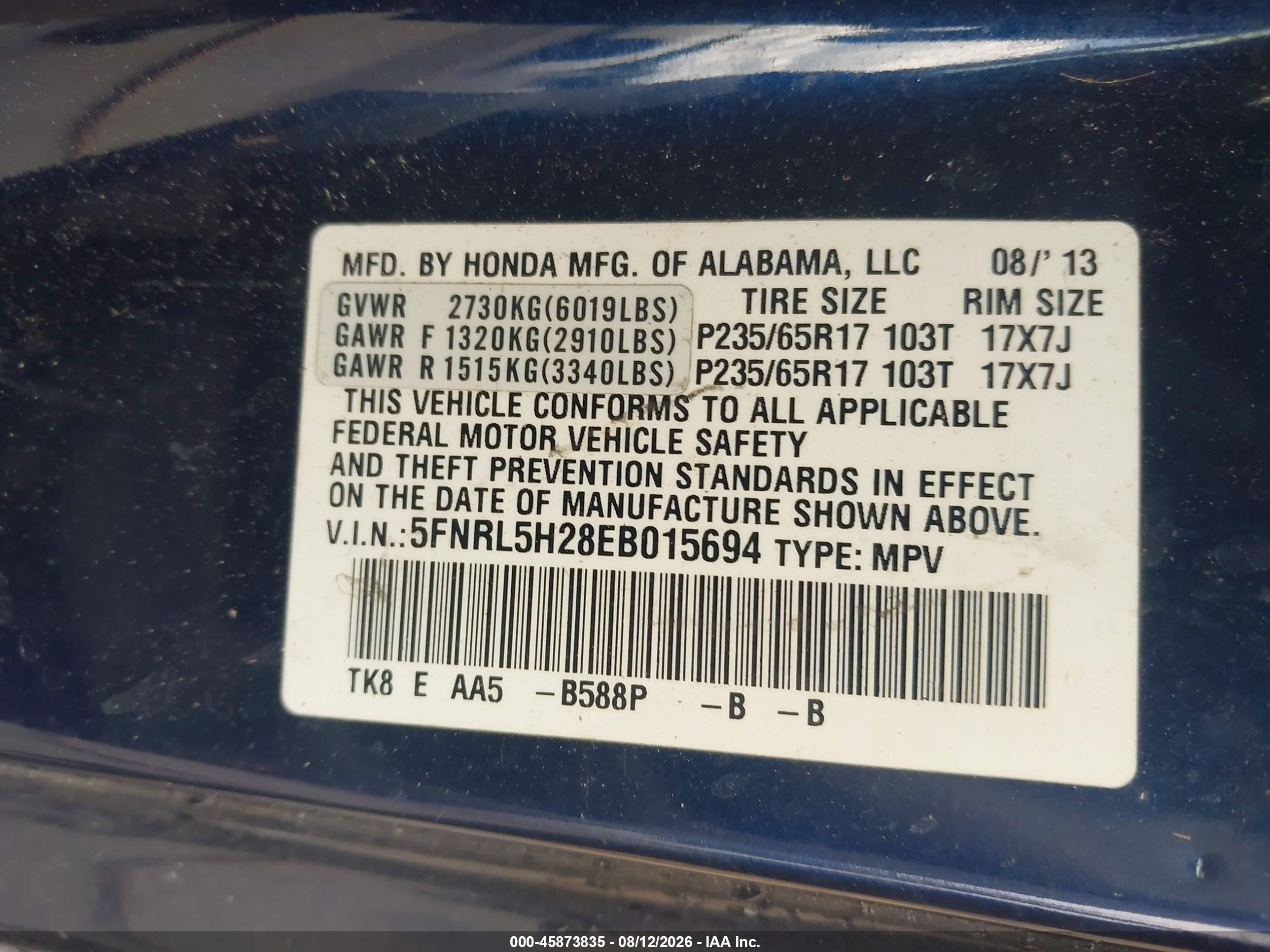 2014 Honda Odyssey Lx Blue vin: 5FNRL5H28EB015694