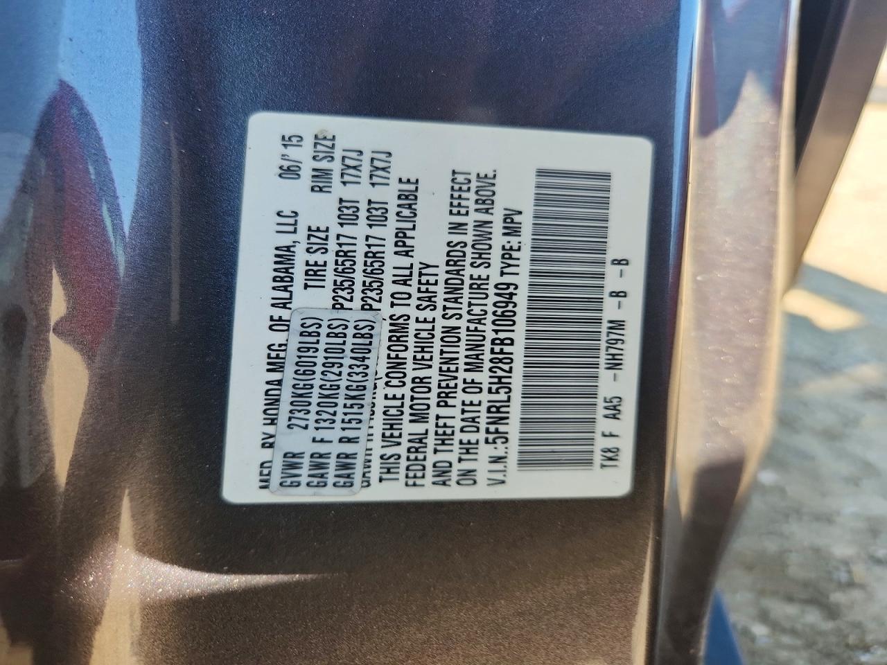 2015 Honda Odyssey Lx Угольный vin: 5FNRL5H28FB106949