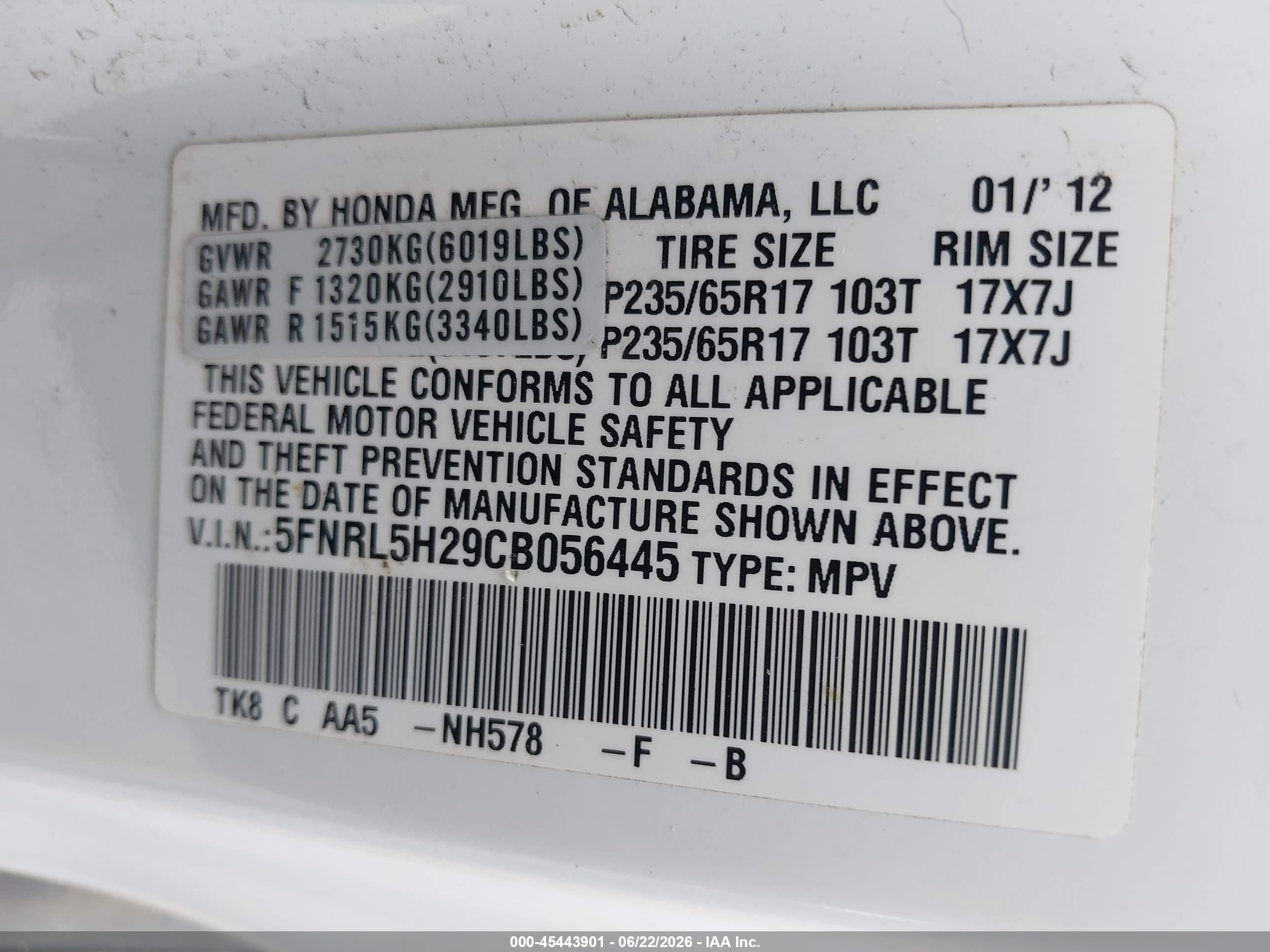 2012 Honda Odyssey Lx White vin: 5FNRL5H29CB056445