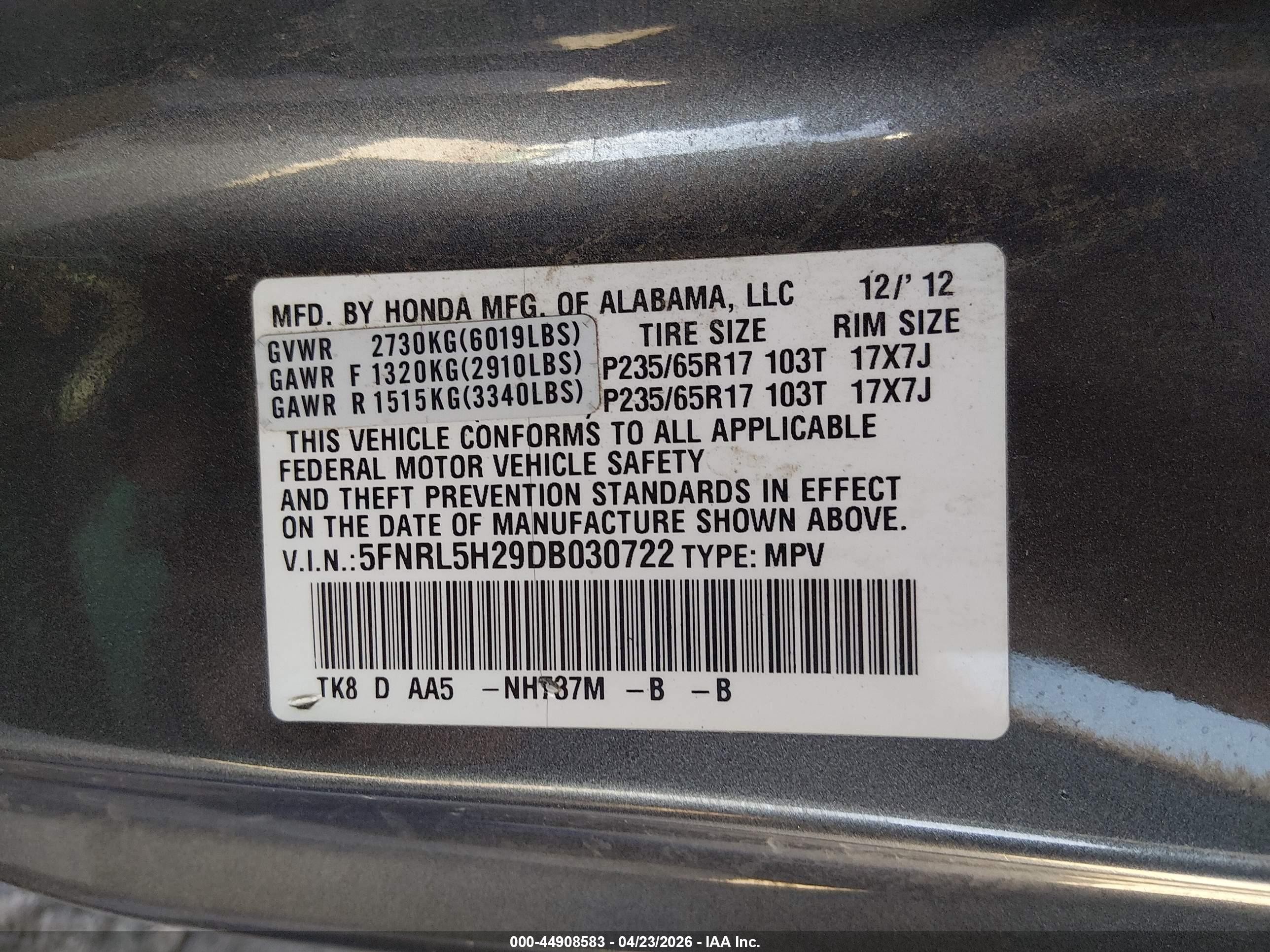 2013 Honda Odyssey Lx Gray vin: 5FNRL5H29DB030722