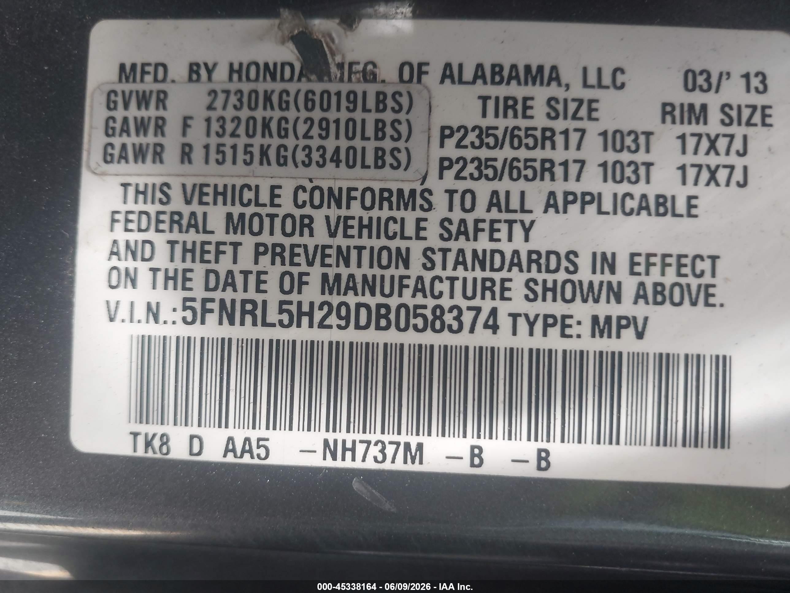 2013 Honda Odyssey Lx Gray vin: 5FNRL5H29DB058374