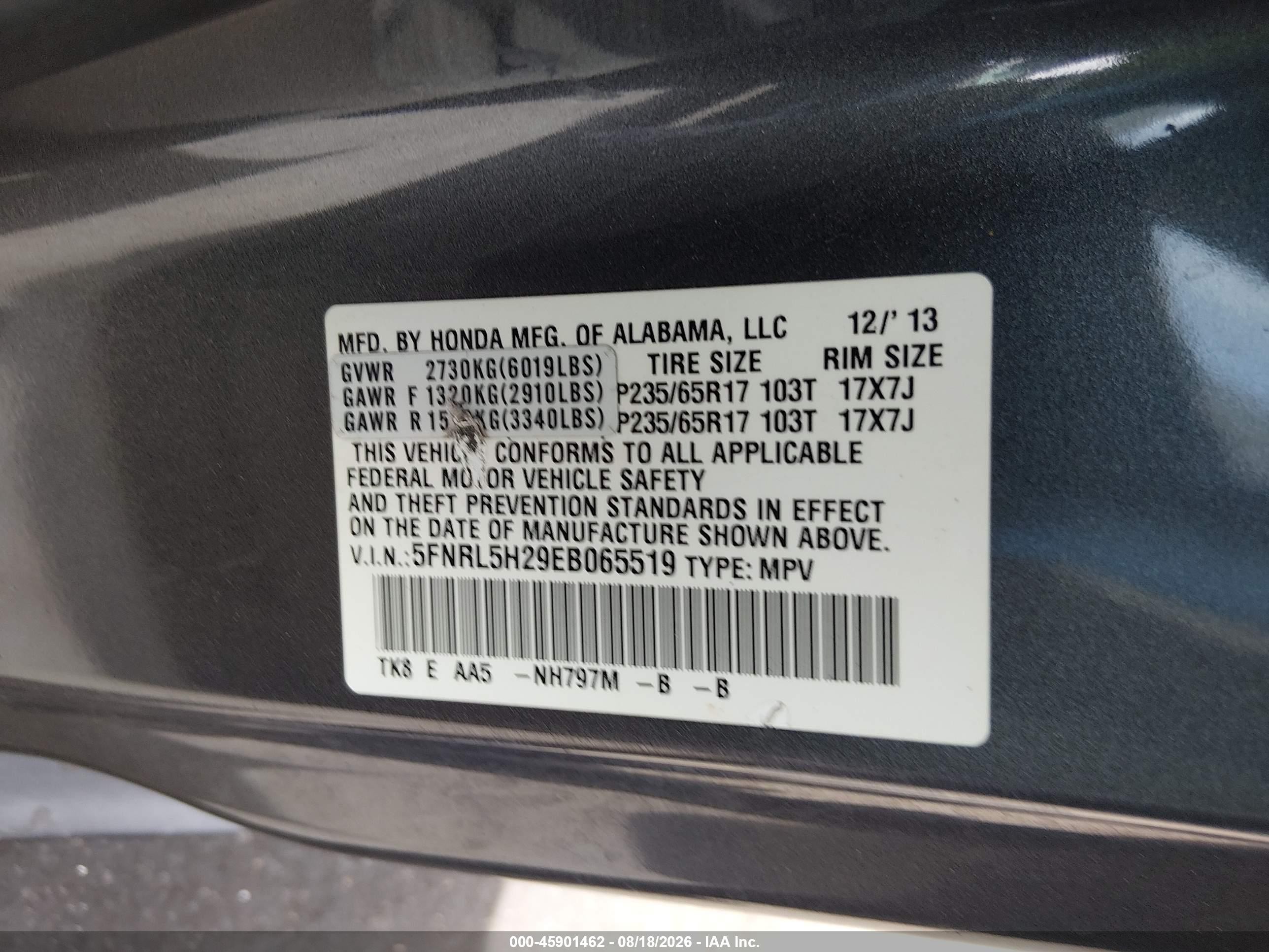 2014 Honda Odyssey Lx Gray vin: 5FNRL5H29EB065519