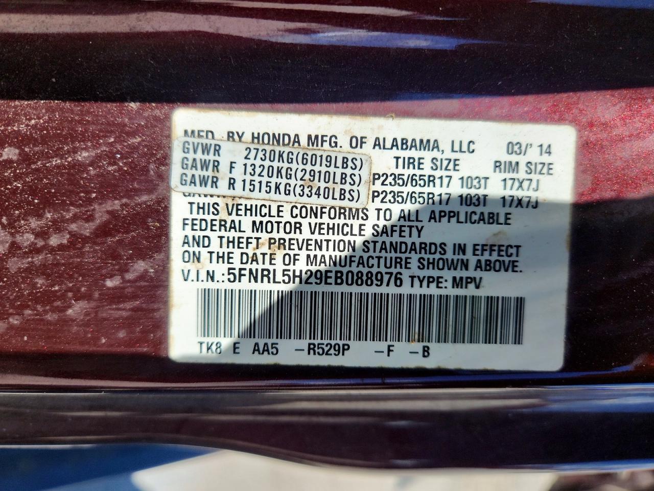 2014 Honda Odyssey Lx Бордовый vin: 5FNRL5H29EB088976