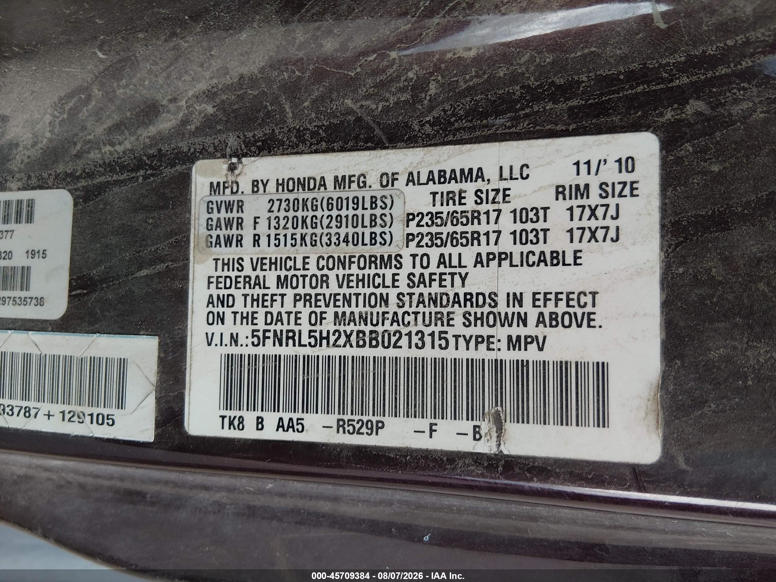 2011 Honda Odyssey Lx Burgundy vin: 5FNRL5H2XBB021315