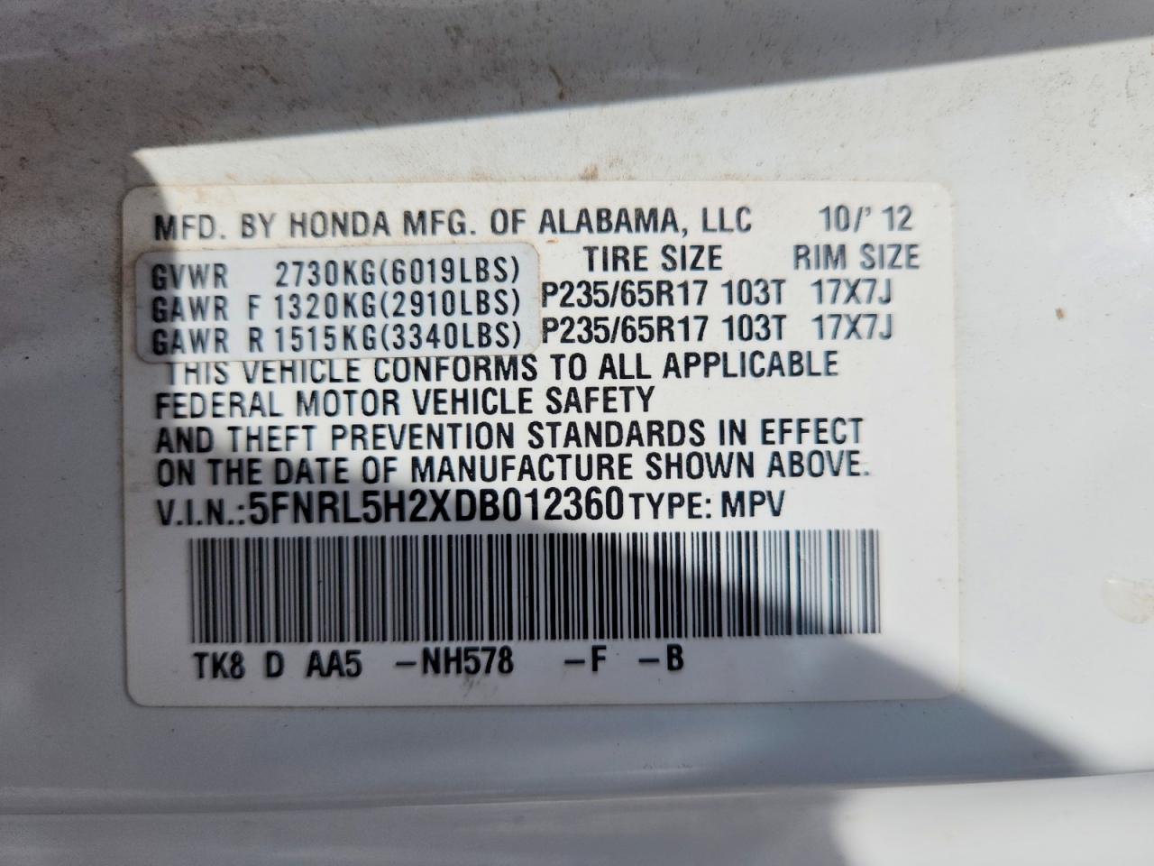 2013 Honda Odyssey Lx White vin: 5FNRL5H2XDB012360