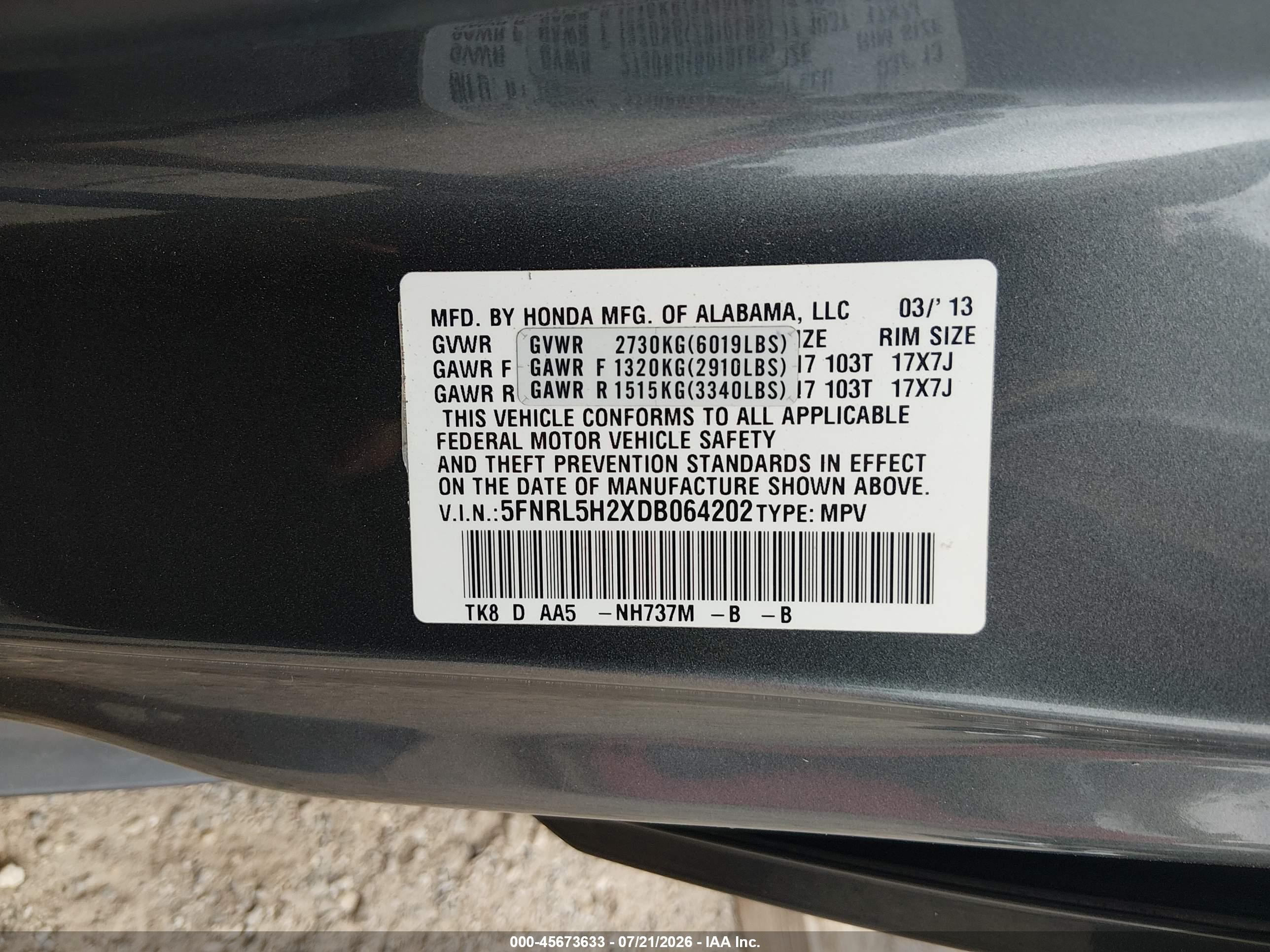 2013 Honda Odyssey Lx Gray vin: 5FNRL5H2XDB064202
