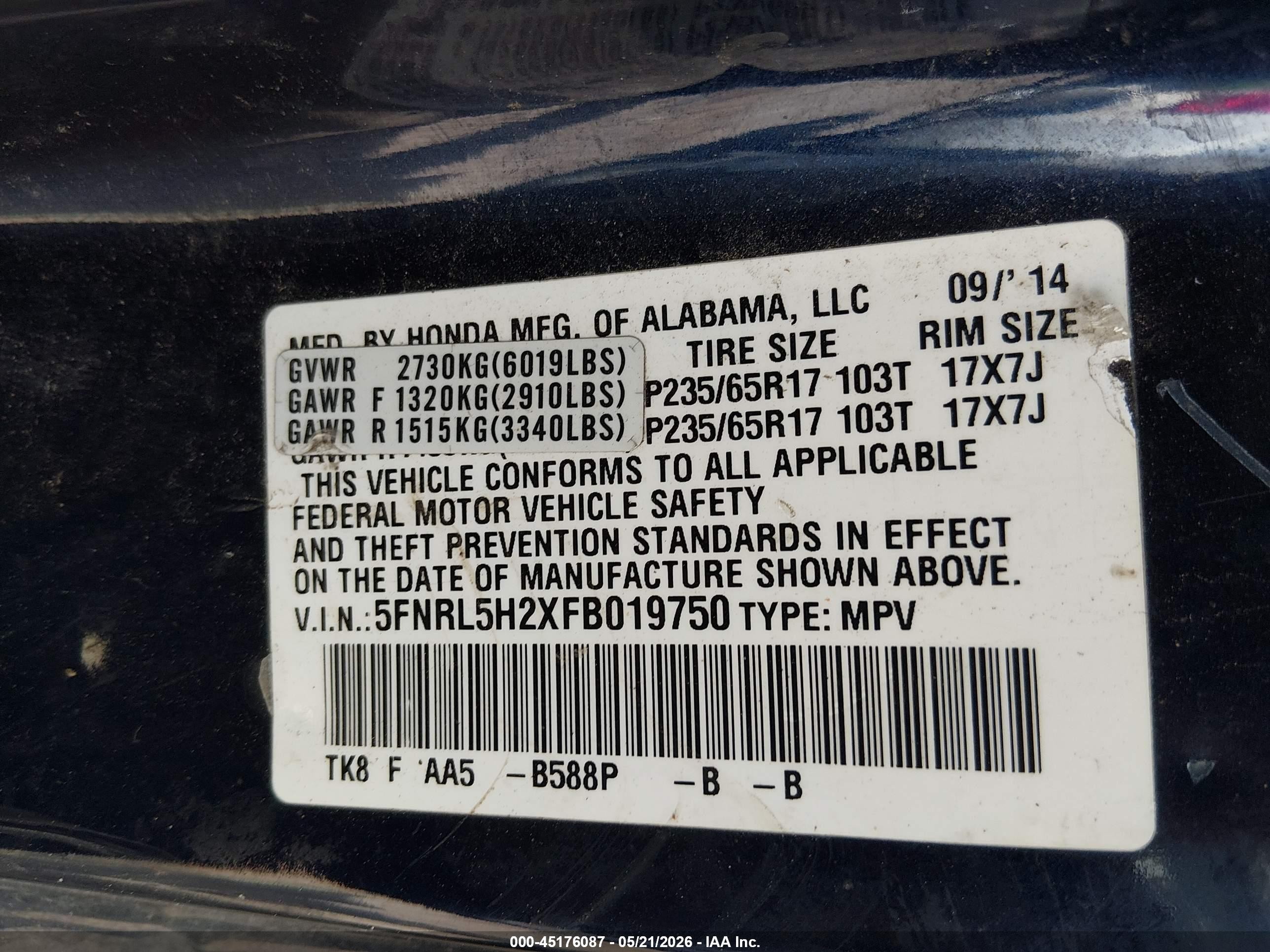 2015 Honda Odyssey Lx Navy vin: 5FNRL5H2XFB019750