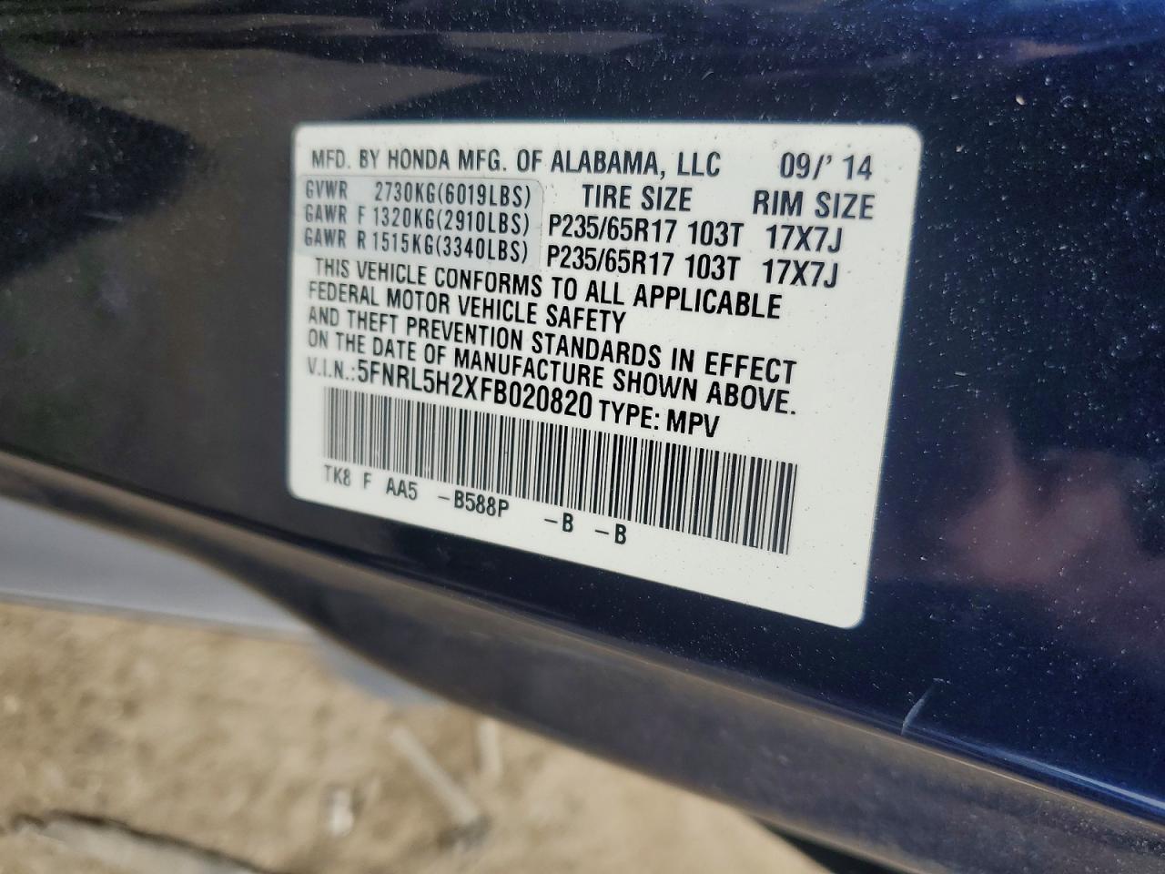 2015 Honda Odyssey Lx Blue vin: 5FNRL5H2XFB020820