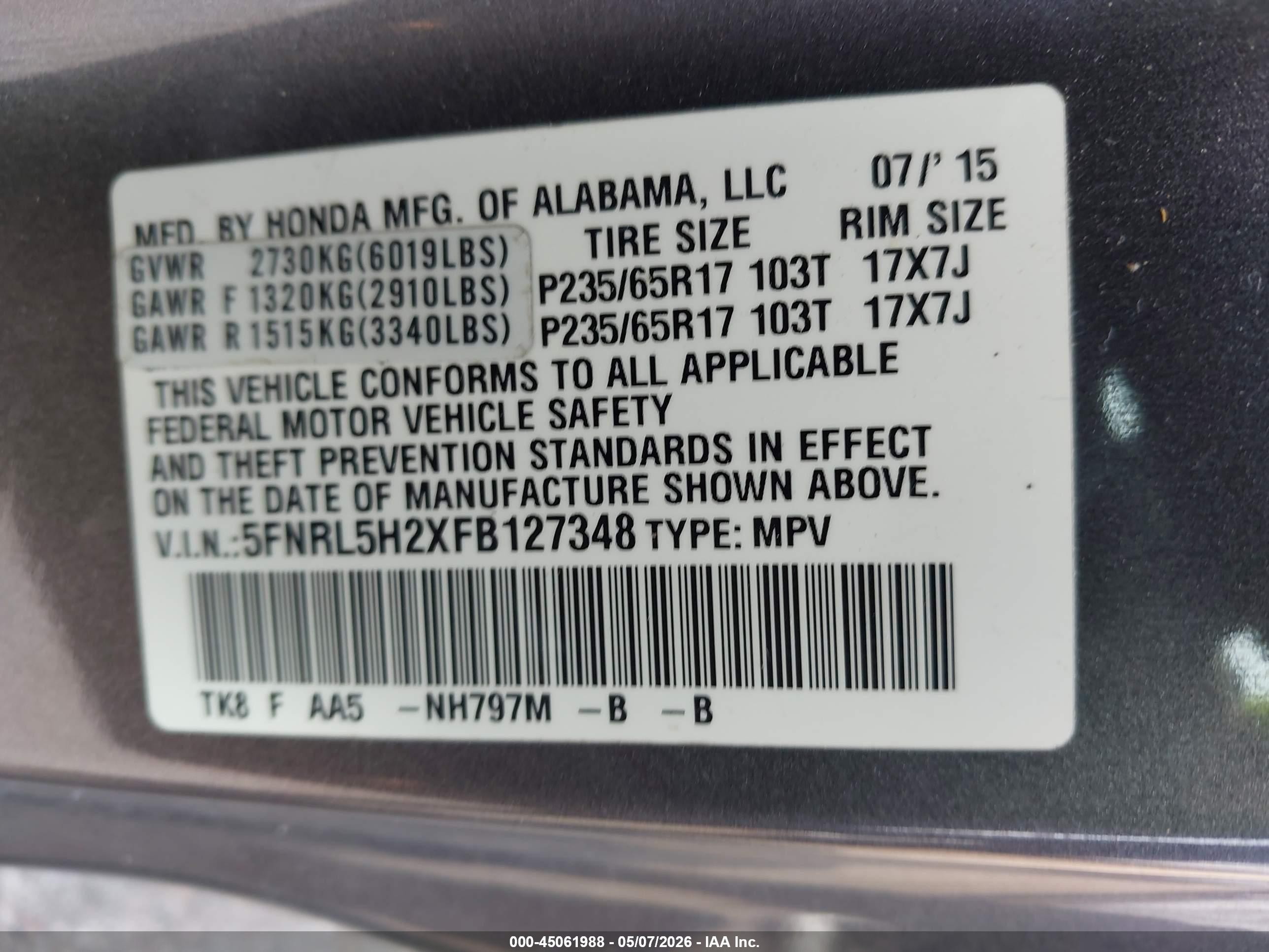 2015 Honda Odyssey Lx Gray vin: 5FNRL5H2XFB127348