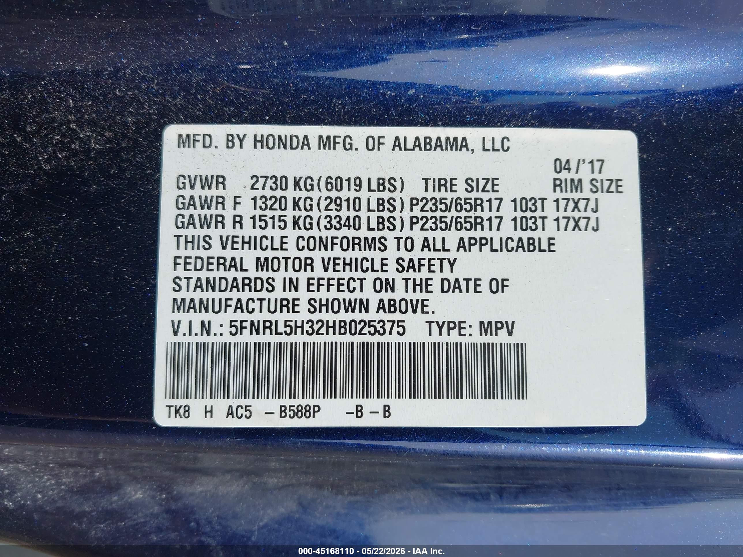 2017 Honda Odyssey Se Dark Blue vin: 5FNRL5H32HB025375