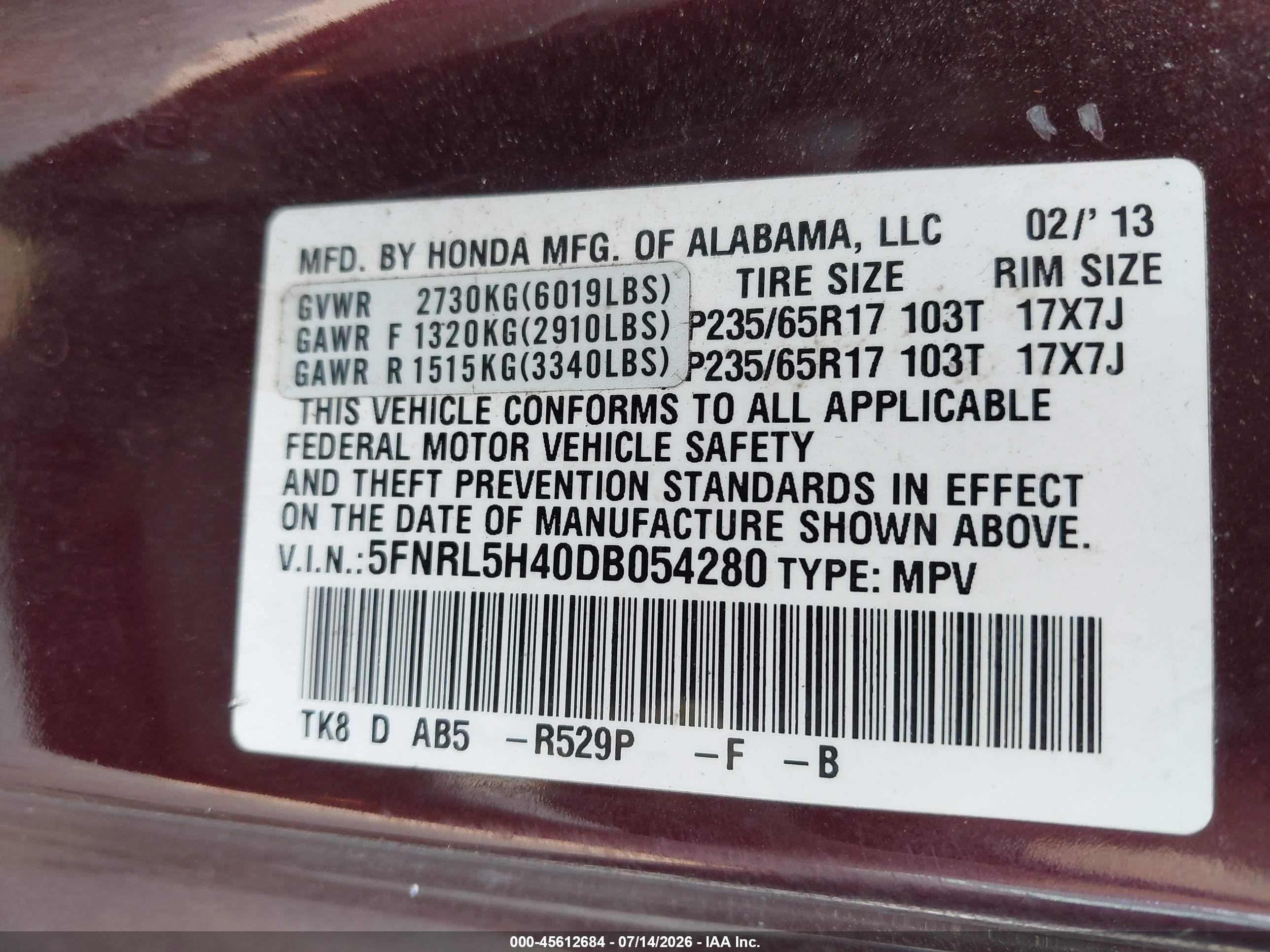 2013 Honda Odyssey Ex Burgundy vin: 5FNRL5H40DB054280