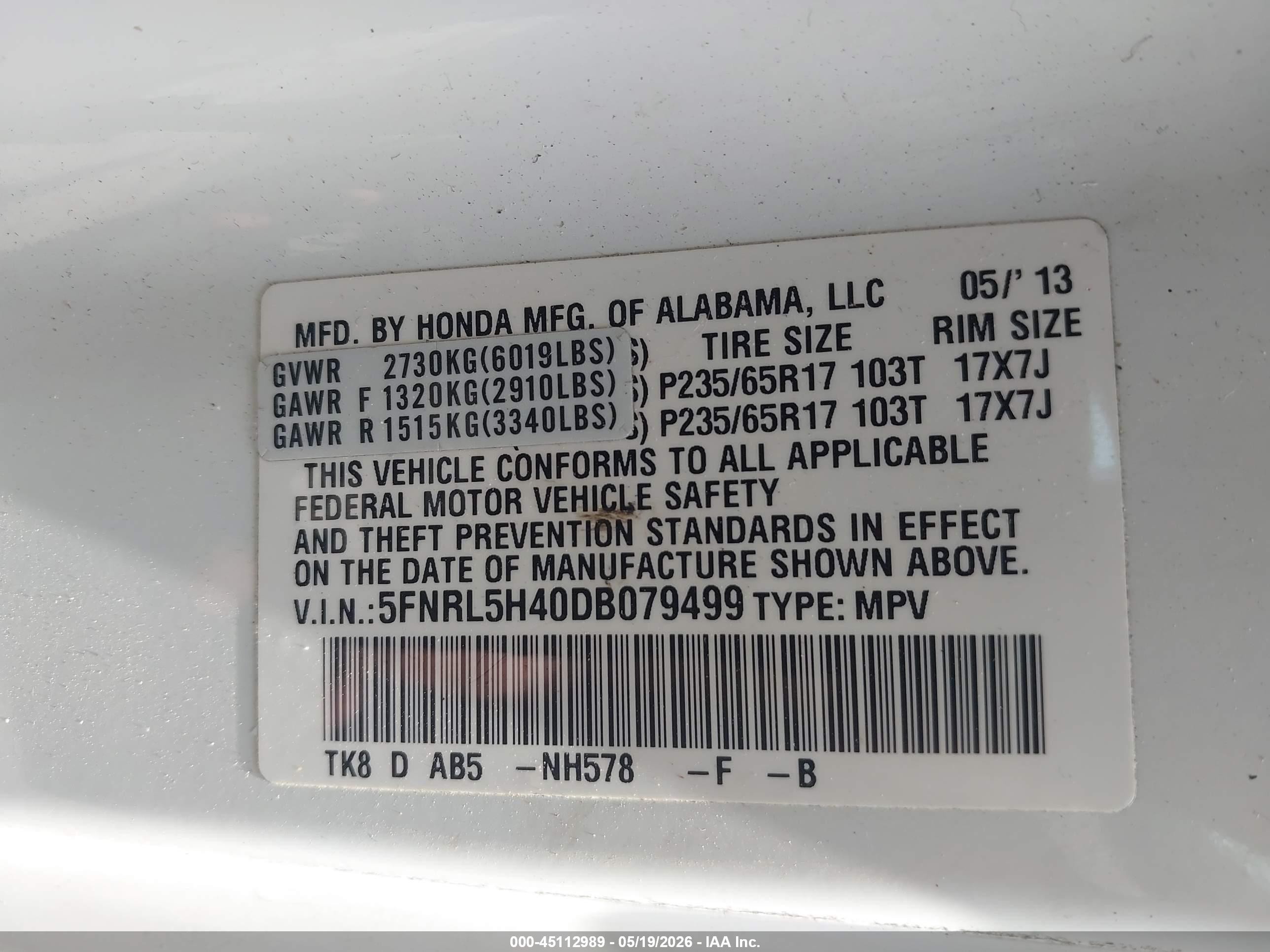 2013 Honda Odyssey Ex White vin: 5FNRL5H40DB079499