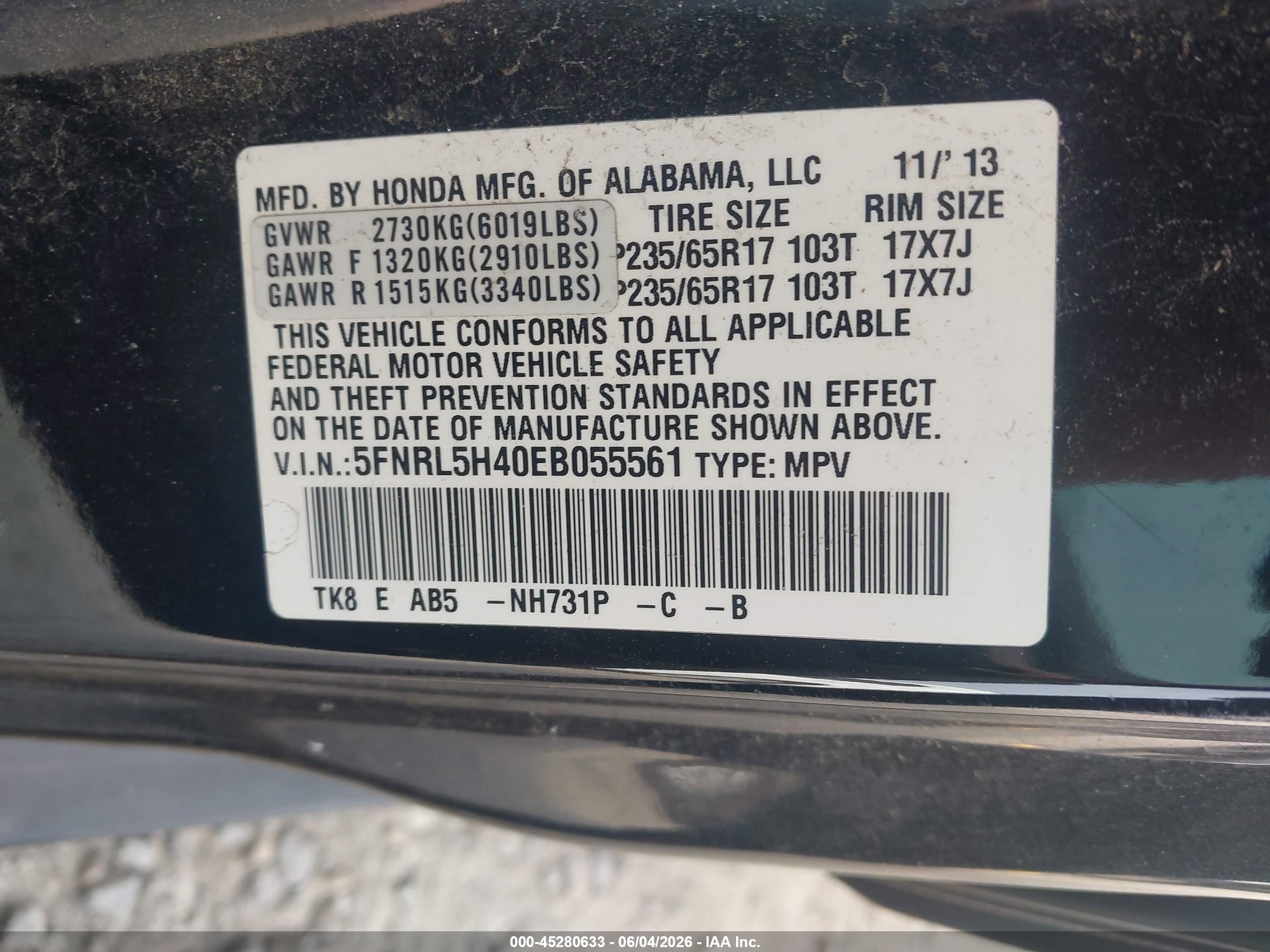 2014 Honda Odyssey Ex Black vin: 5FNRL5H40EB055561