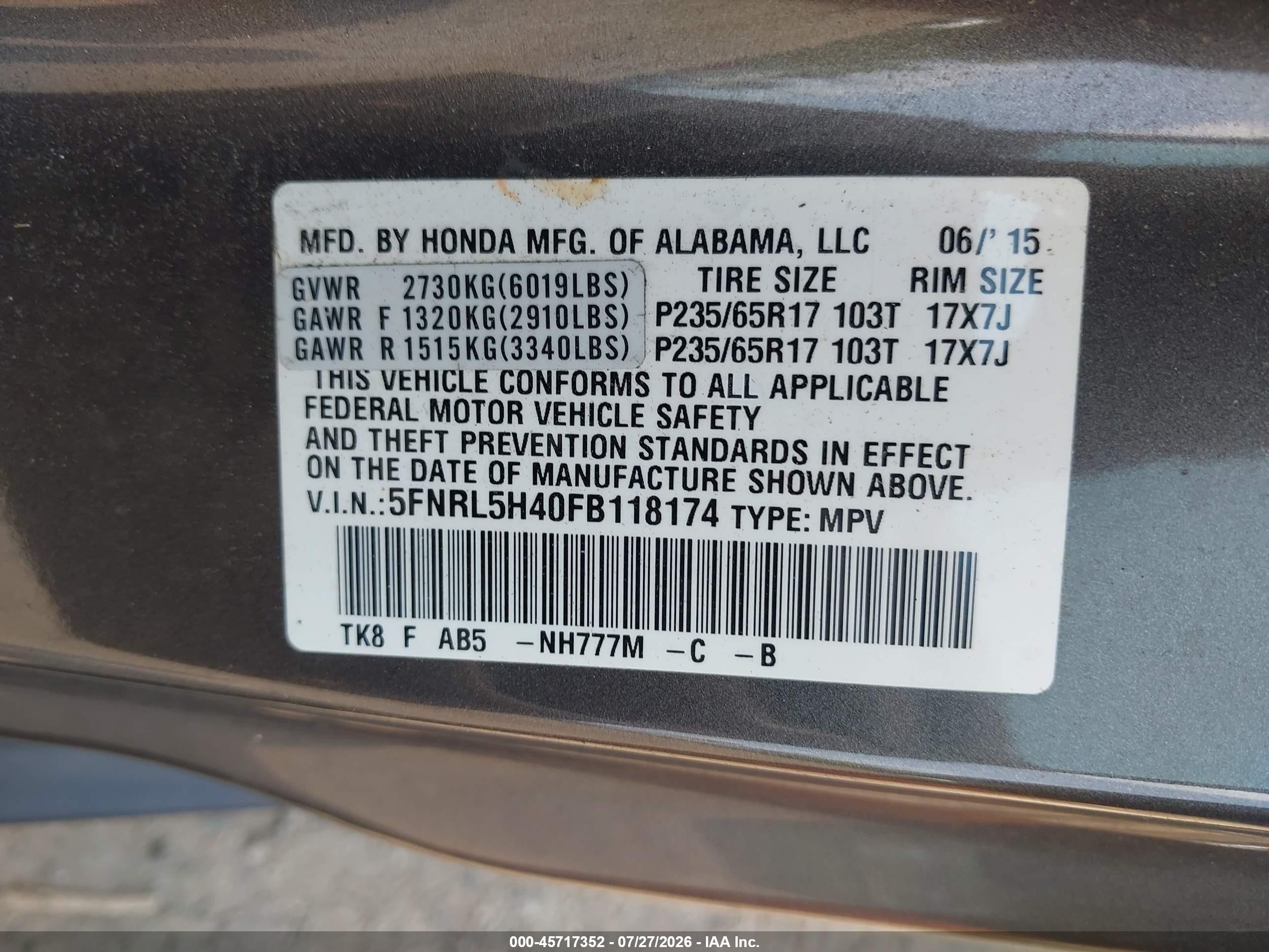 2015 Honda Odyssey Ex Gray vin: 5FNRL5H40FB118174