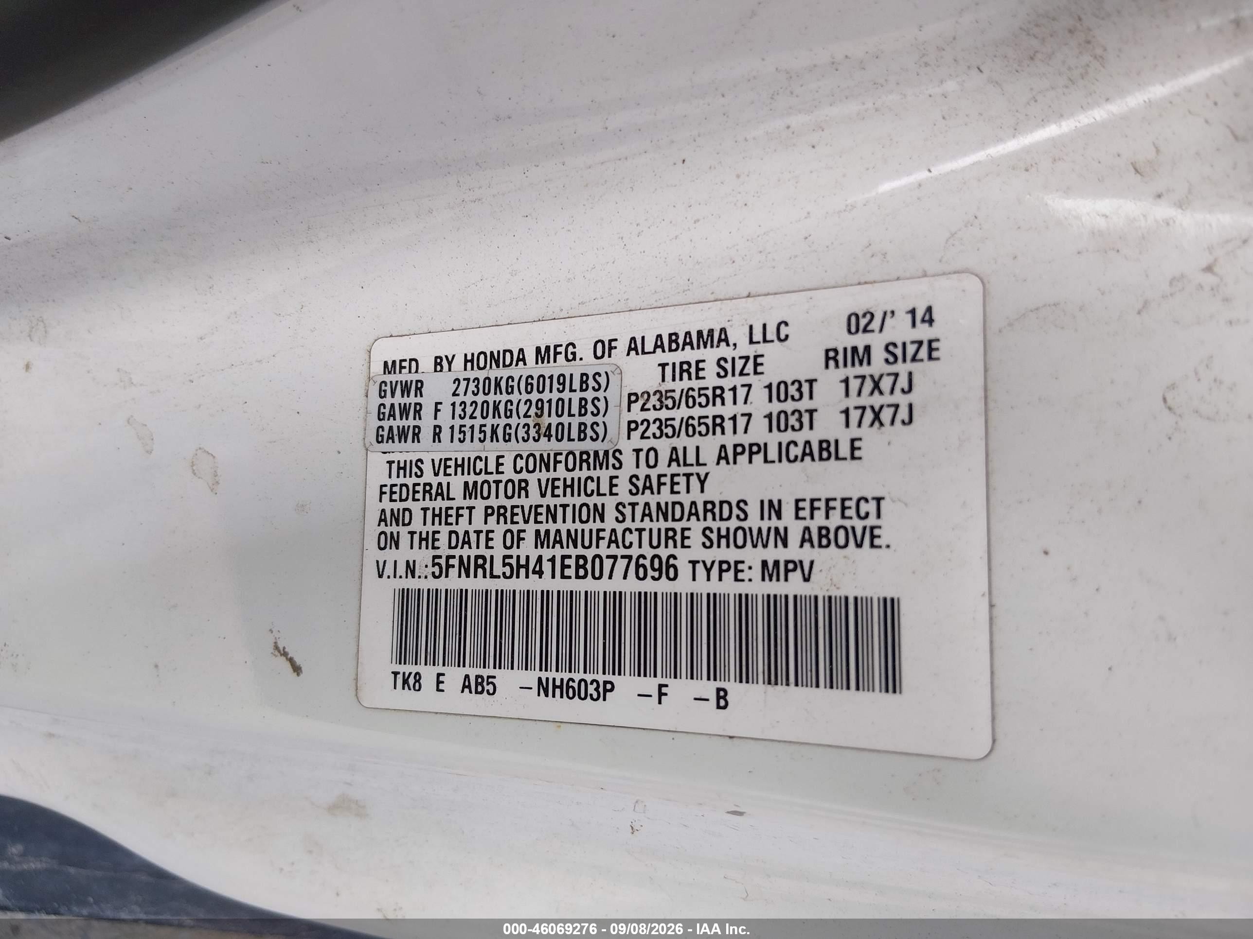 2014 Honda Odyssey Ex White vin: 5FNRL5H41EB077696