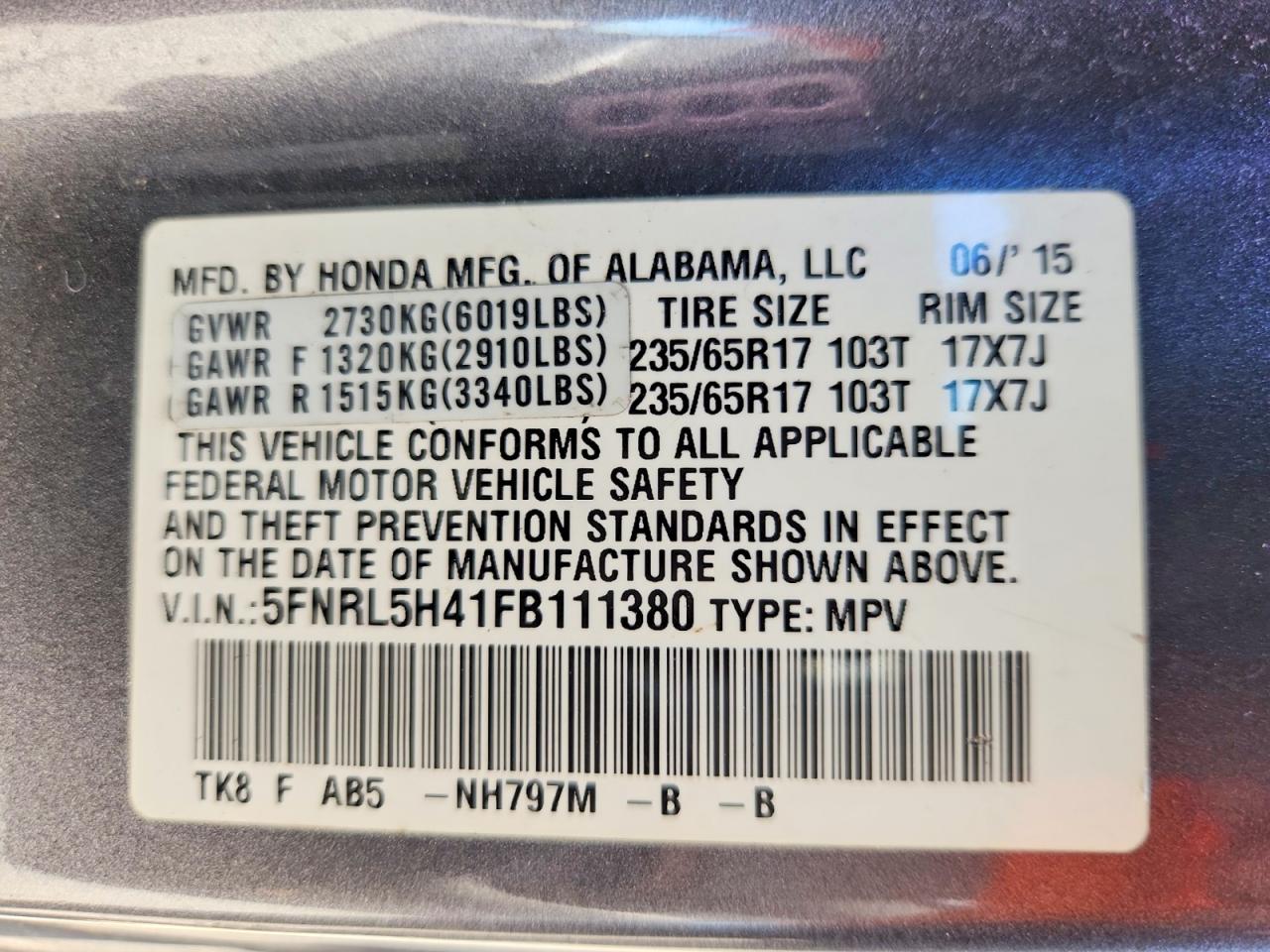 2015 Honda Odyssey Ex Gray vin: 5FNRL5H41FB111380